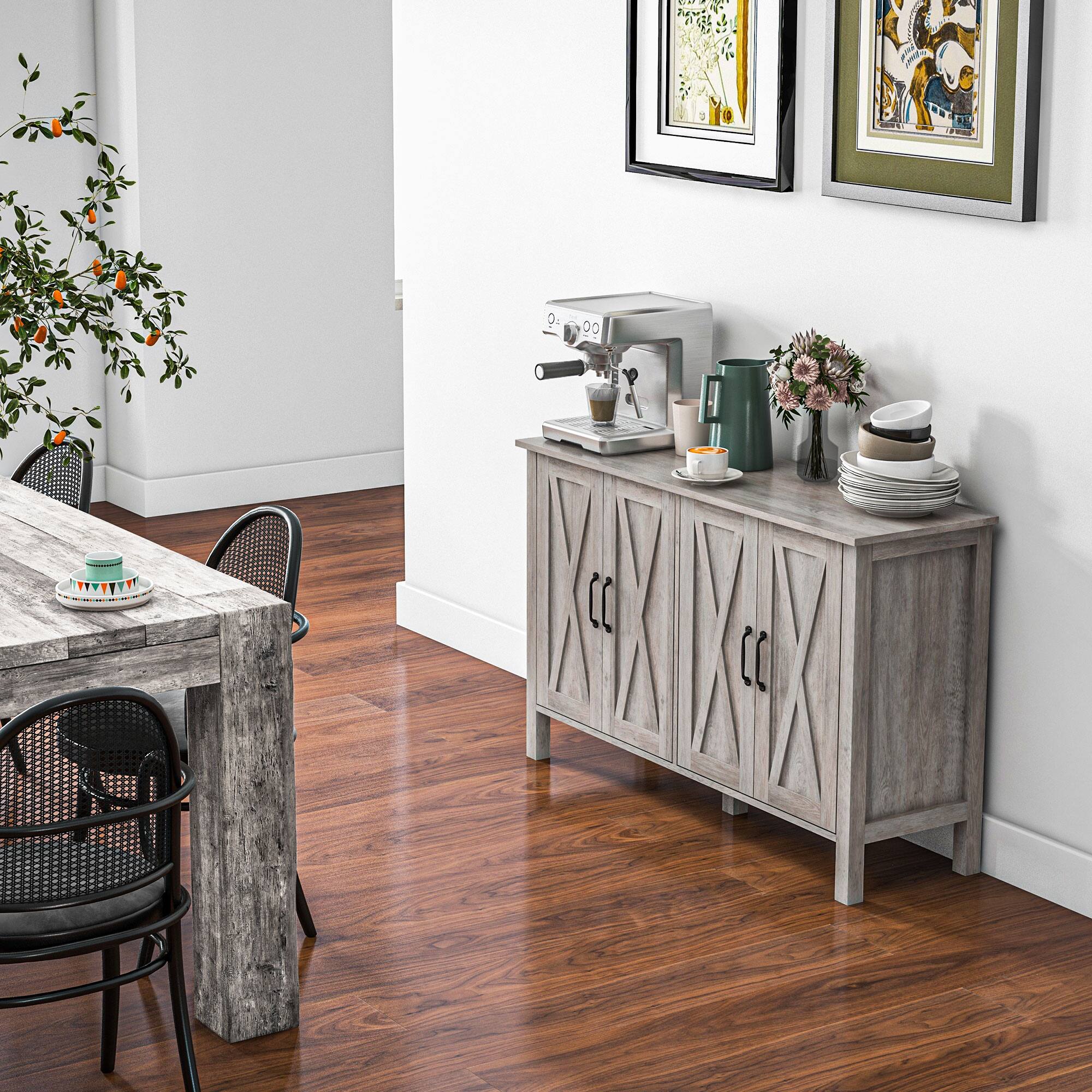 Alt View 7. Homcom - Buffet Cabinet, 47" Sideboard with 4 Barn Doors and 2 Adjustable Shelves, Farmhouse Coffee Bar Cabinet - Gray.