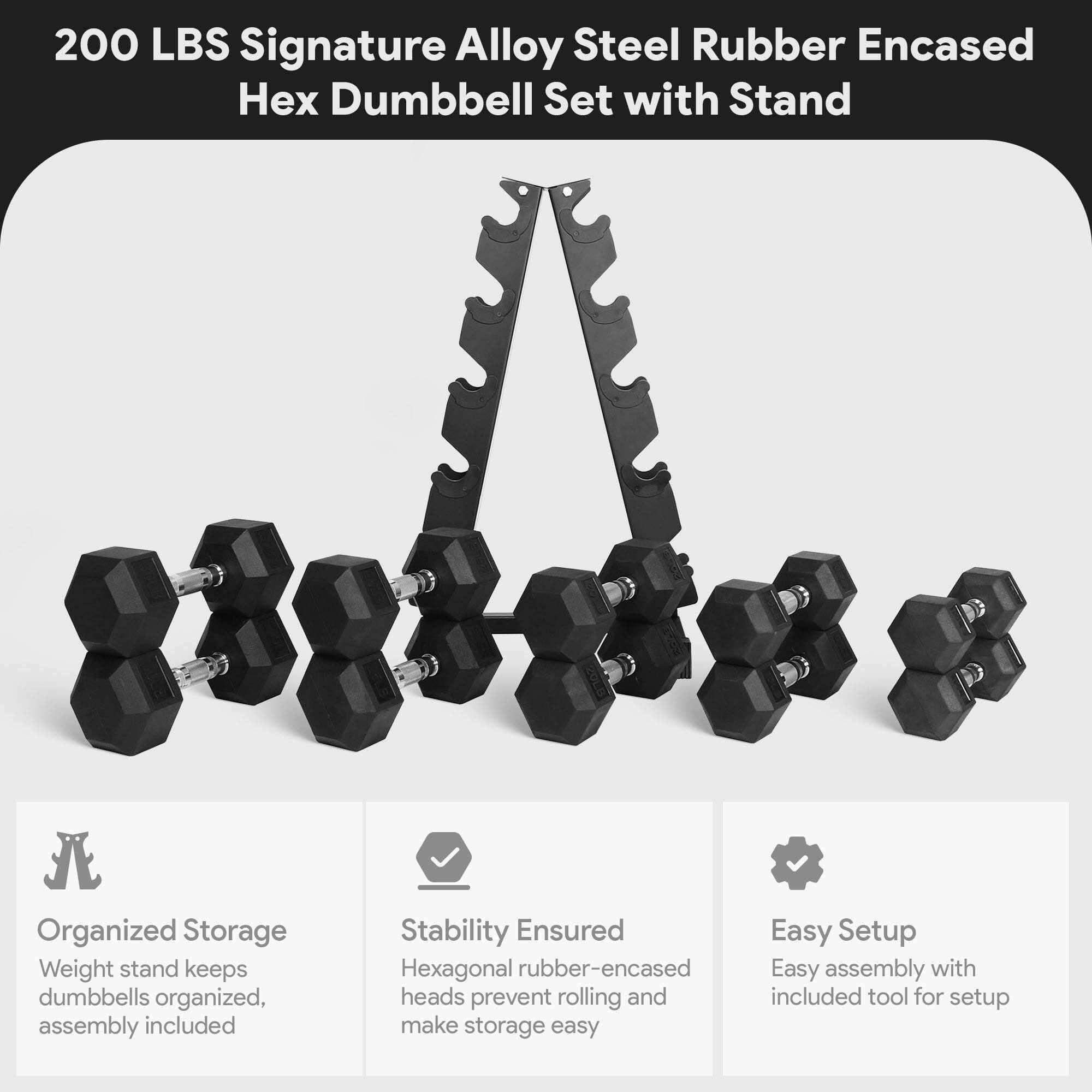 200 LBS Signature Alloy Steel Rubber Encased Hex Dumbbell Set with Stand

- Organized Storage
  - Weight stand keeps dumbbells organized, assembly included

- Stability Ensured
  - Hexagonal rubber-encased heads prevent rolling and make storage easy

- Easy Setup
  - Easy assembly with included tool for setup
