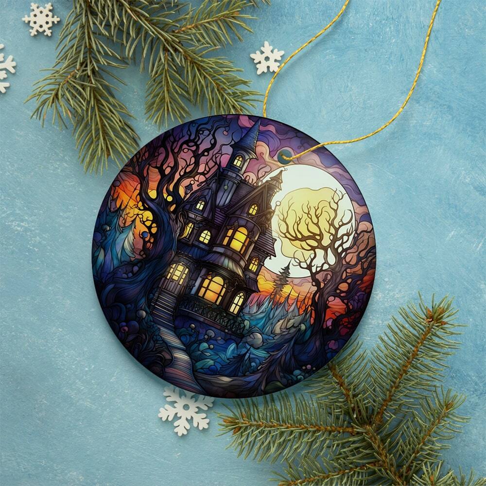 Back. OrnamentallyYou - Haunted House Amidst Spooky Woods Stained Glass Style Ceramic Ornament Halloween Themed Christmas - Multi-colored.
