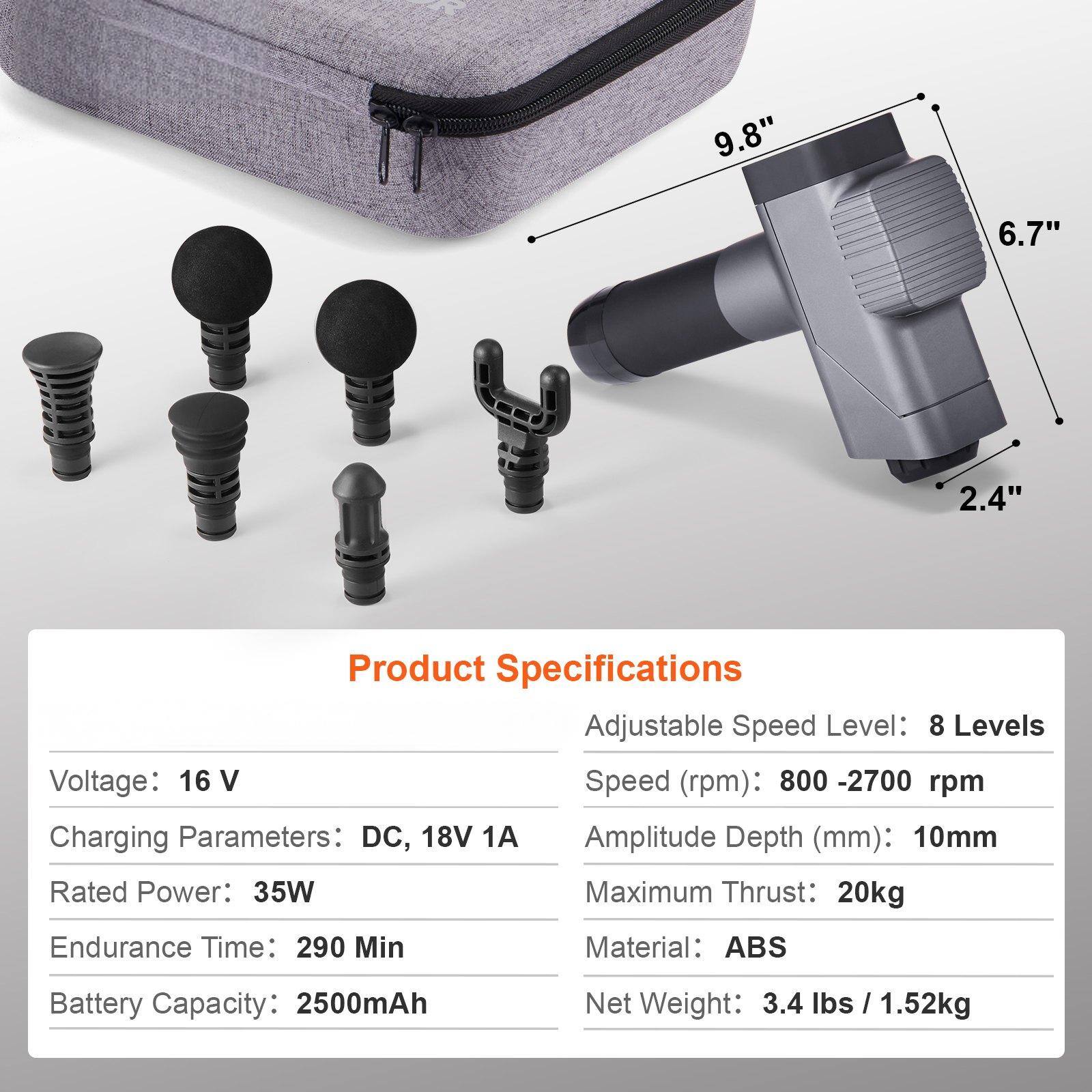 Sure, here is the corrected and grouped text:

---

**Dimensions:**
- 9.8" x 6.7" x 2.4"

**Product Specifications:**

- **Adjustable Speed Level:** 8 Levels
- **Speed (rpm):** 800 - 2700 rpm
- **Amplitude Depth (mm):** 10mm
- **Maximum Thrust:** 20kg
- **Material:** ABS
- **Net Weight:** 3.4 lbs / 1.52kg

- **Voltage:** 16 V
- **Charging Parameters:** DC, 18V 1A
- **Rated Power:** 35W
- **Endurance Time:** 290 Min
- **Battery Capacity:** 2500mAh

---