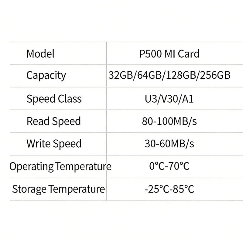 Model: P500 MI Card  
Capacity: 32GB/64GB/128GB/256GB  
Speed Class: U3/V30/A1  
Read Speed: 80-100MB/s  
Write Speed: 30-60MB/s  
Operating Temperature: 0°C-70°C  
Storage Temperature: -25°C-85°C