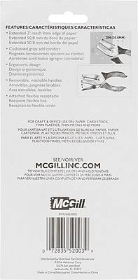 **FEATURES / CARACTÉRISTIQUES / CARACTERÍSTICAS**

- Extended 2" reach from edge of paper
- Extended 50.8 mm du bord du papier
- Extended 50.8 mm del borde del papel
- Cushioned grips add comfort
- Poignées rembourrées ajoutent au confort
- Apretones acolchados agregan comodidad
- Ergonomic design
- Design ergonomique
- Diseño ergonómico
- Removable, washable handles
- Amovibles, poignées lavables
- Asas extraibles, lavables
- Attached flexible receptacle
- Réceptacle flexible fixe
- Recipient flexible unido

**FOR CRAFT & OFFICE USE ON PAPER, CARD STOCK, THIN PLASTICS, THIN METAL SHEETS AND MORE**
**POUR CARTISANAT ET L'UTILISATION DE PAPIER, CARTONNE, PLASTIQUES FINES, METAL MINCES ET PLUS**
**PARA EL ARTE Y LA OFICINA LO UTILIZA PAPEL, CARTULINA, PLÁSTICOS