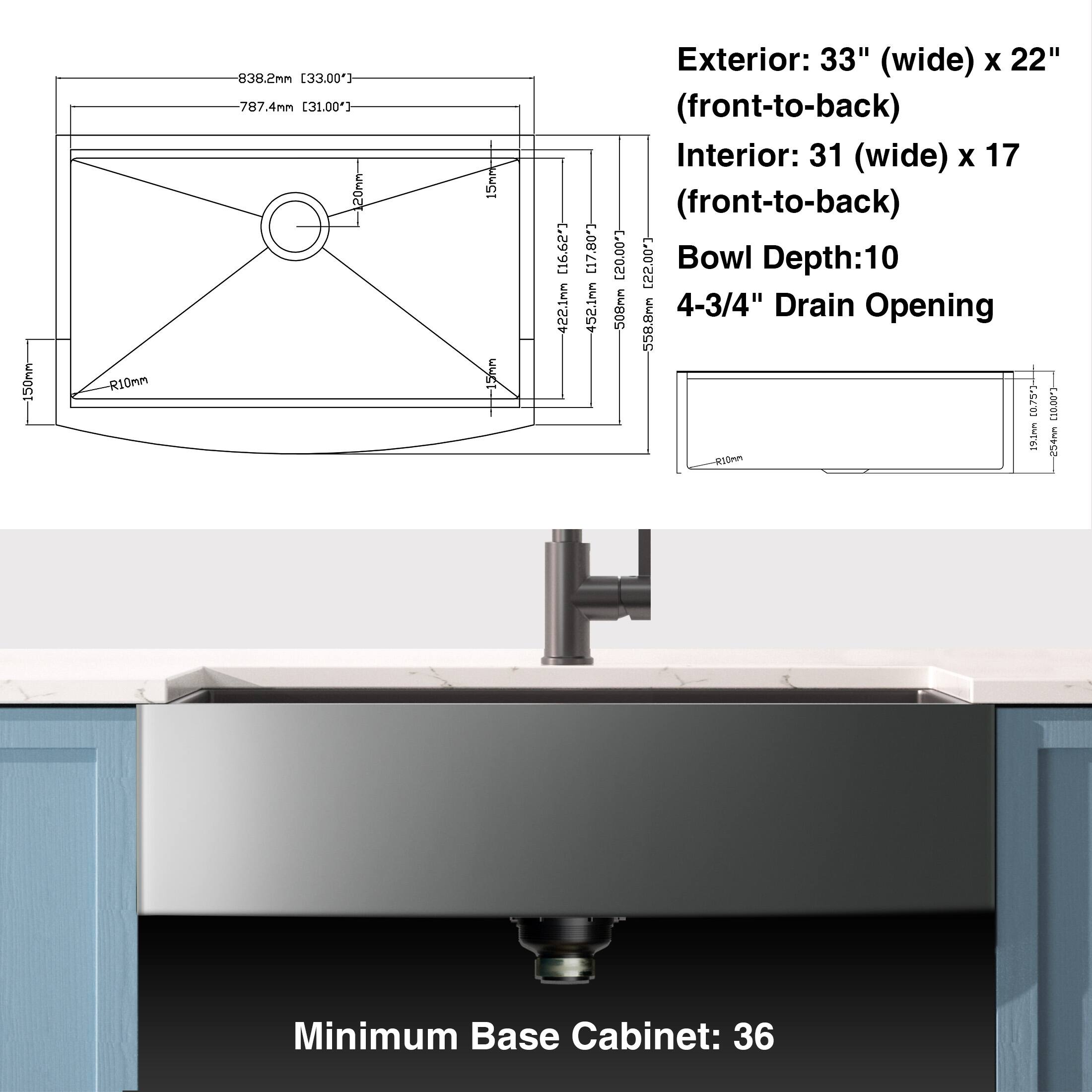 Exterior: 33" (wide) x 22" (front-to-back)  
Interior: 31" (wide) x 17" (front-to-back)  
Bowl Depth: 10"  
4-3/4" Drain Opening  

Minimum Base Cabinet: 36"