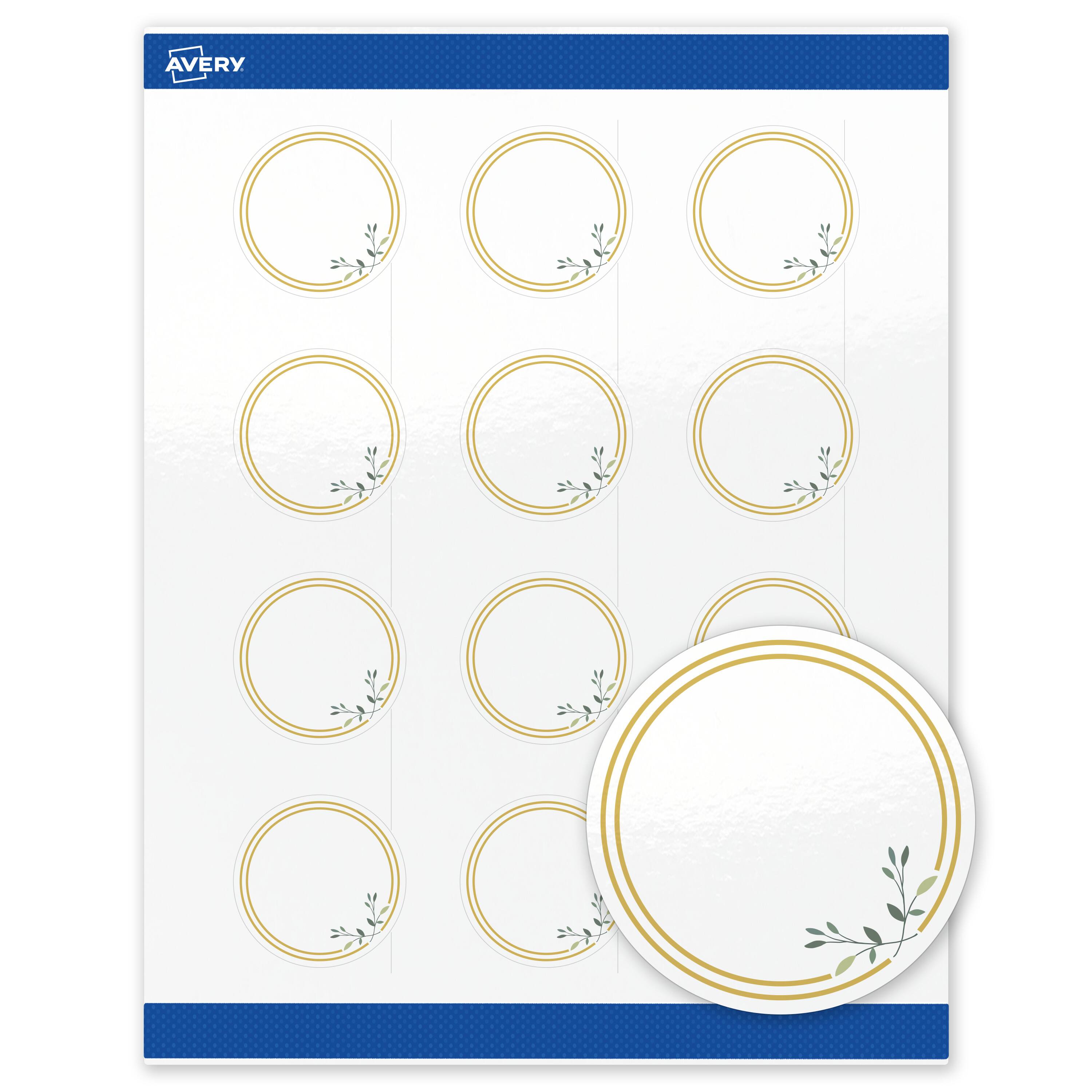 Front. Avery - Avery Labels, 2" Diameter, Glossy White, Double Gold/Florals - White.