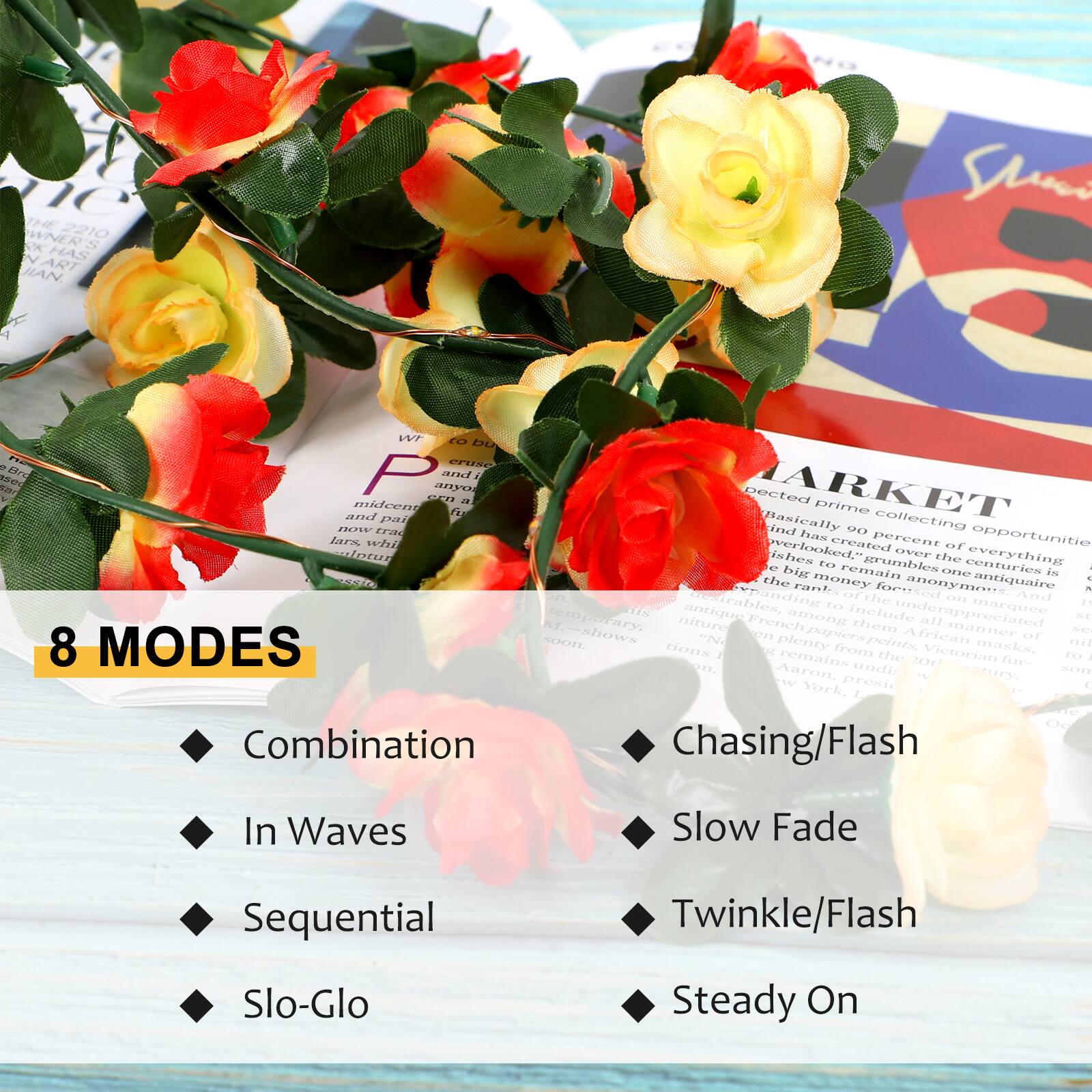 The text on the image reads:

"8 MODES

- Combination
- In Waves
- Sequential
- Slo-Glo
- Chasing/Flash
- Slow Fade
- Twinkle/Flash
- Steady On"