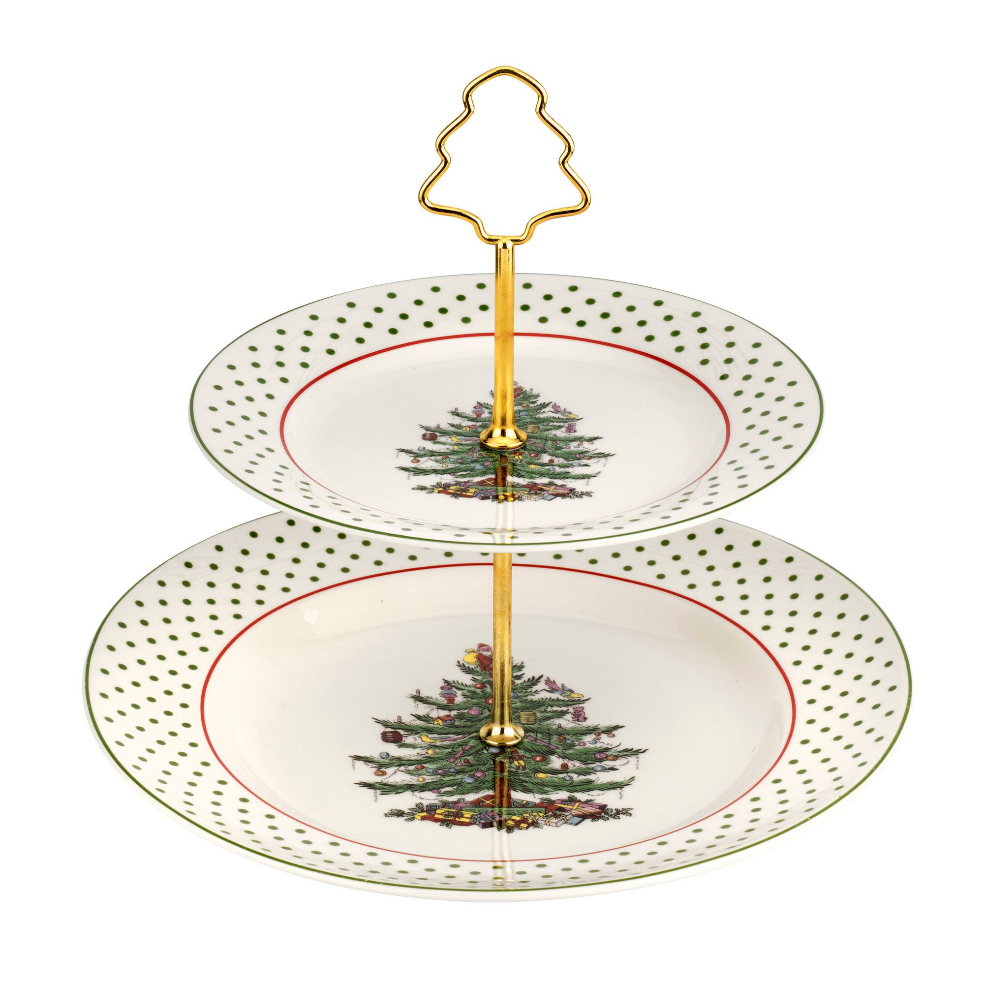 Front. Spode - Spode Christmas Tree Collection 2-Tiered Server Polka Dot - White - Multicolored.