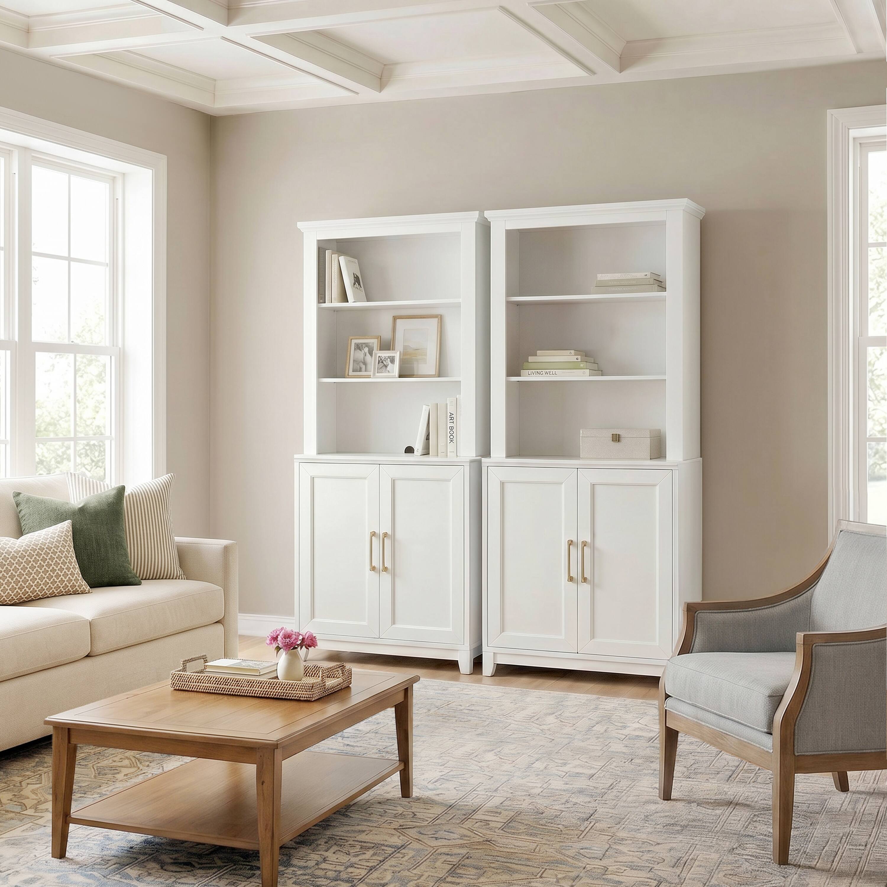 Alt View 5. Martha Stewart - Bedford Set of 2 Modular Cabinets and 2 Hutch Set, Premium Hardware, Open Top Shelves, Soft-Close Doors - White Frame/Gold Hardware.