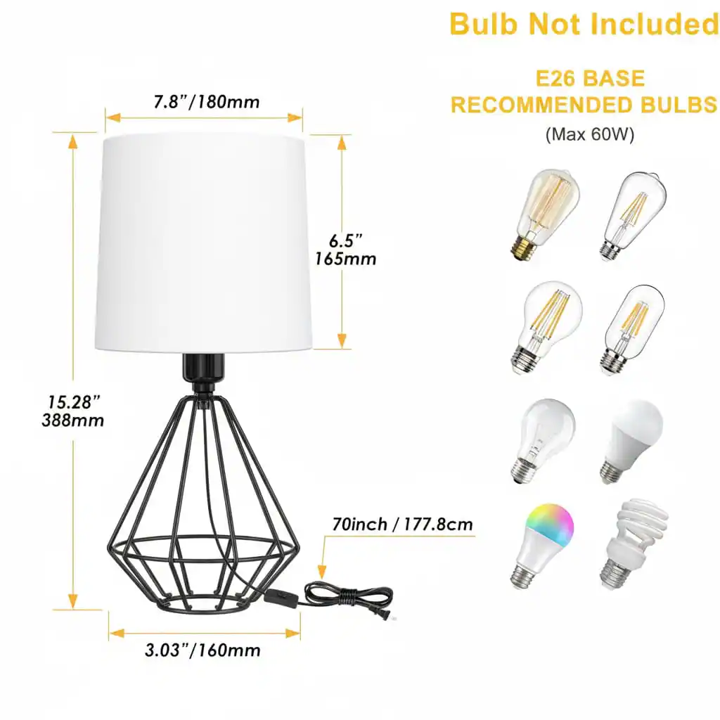Bulb Not Included  
7.8"/180mm  
E26 BASE  
RECOMMENDED BULBS (Max 60W)  
6.5" / 165mm  
15.28" / 388mm  
70inch / 177.8cm  
3.03"/160mm