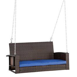 Resenkos - 2-Person Wicker Swing Bench, Outdoor Patio Swing Chair With Cushions, Perfect for Garden, Blue