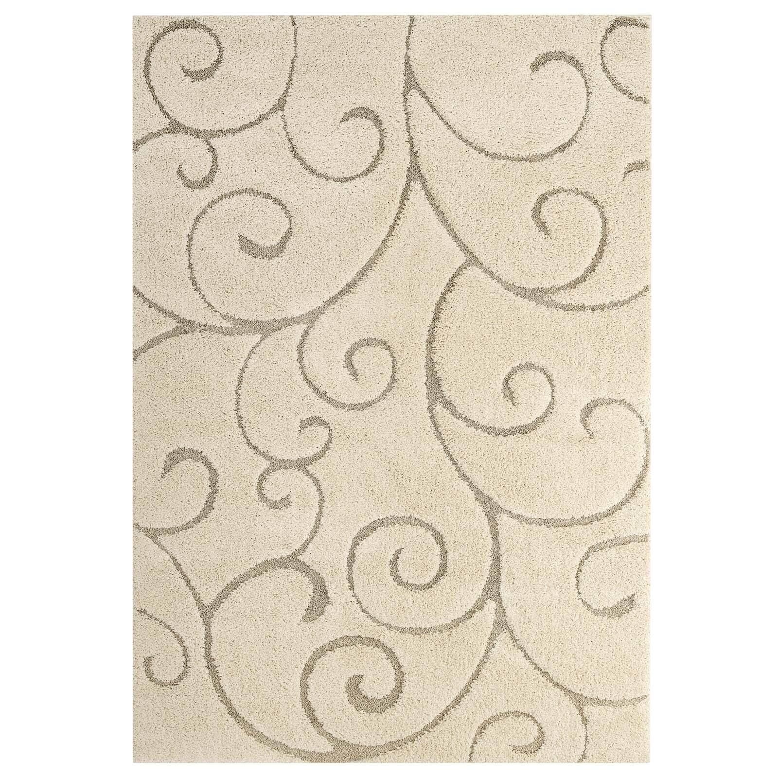 Angle. Modway - Jubilant Abound Abstract Swirl Shag Area Rug - Creame and Beige.