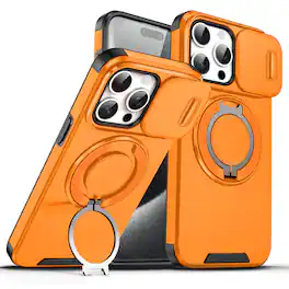 UUCOVER - For Apple iPhone 15 Pro Max Magnetic Case with Slide Camera Lens Cover & 360° Ring Stand - Drop Protection Phone Shell - Orange