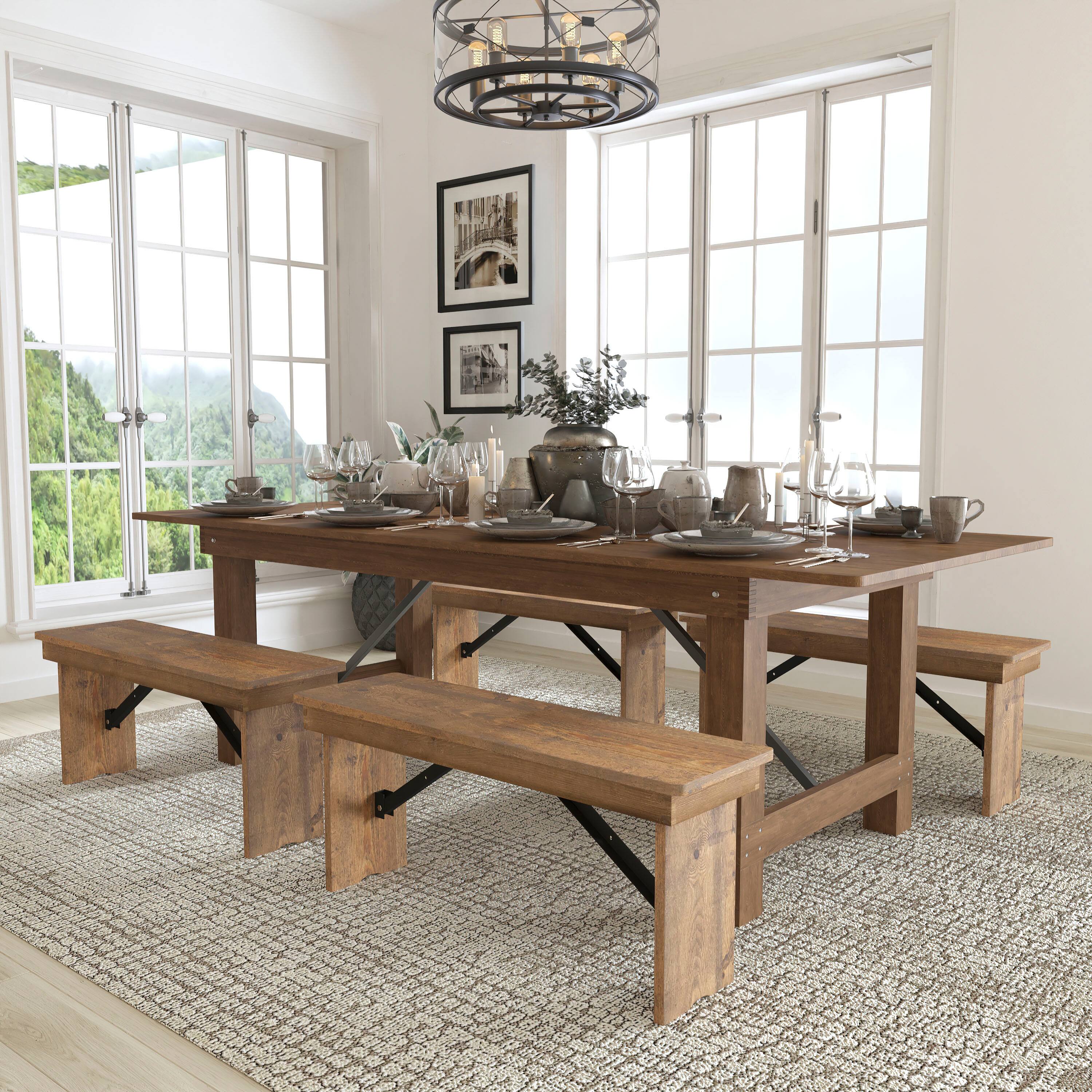 Angle. Flash Furniture - HERCULES Series 8' x 40'' Antique Rustic Folding Farm Table and Four 40.25"L Bench Set - Brown.