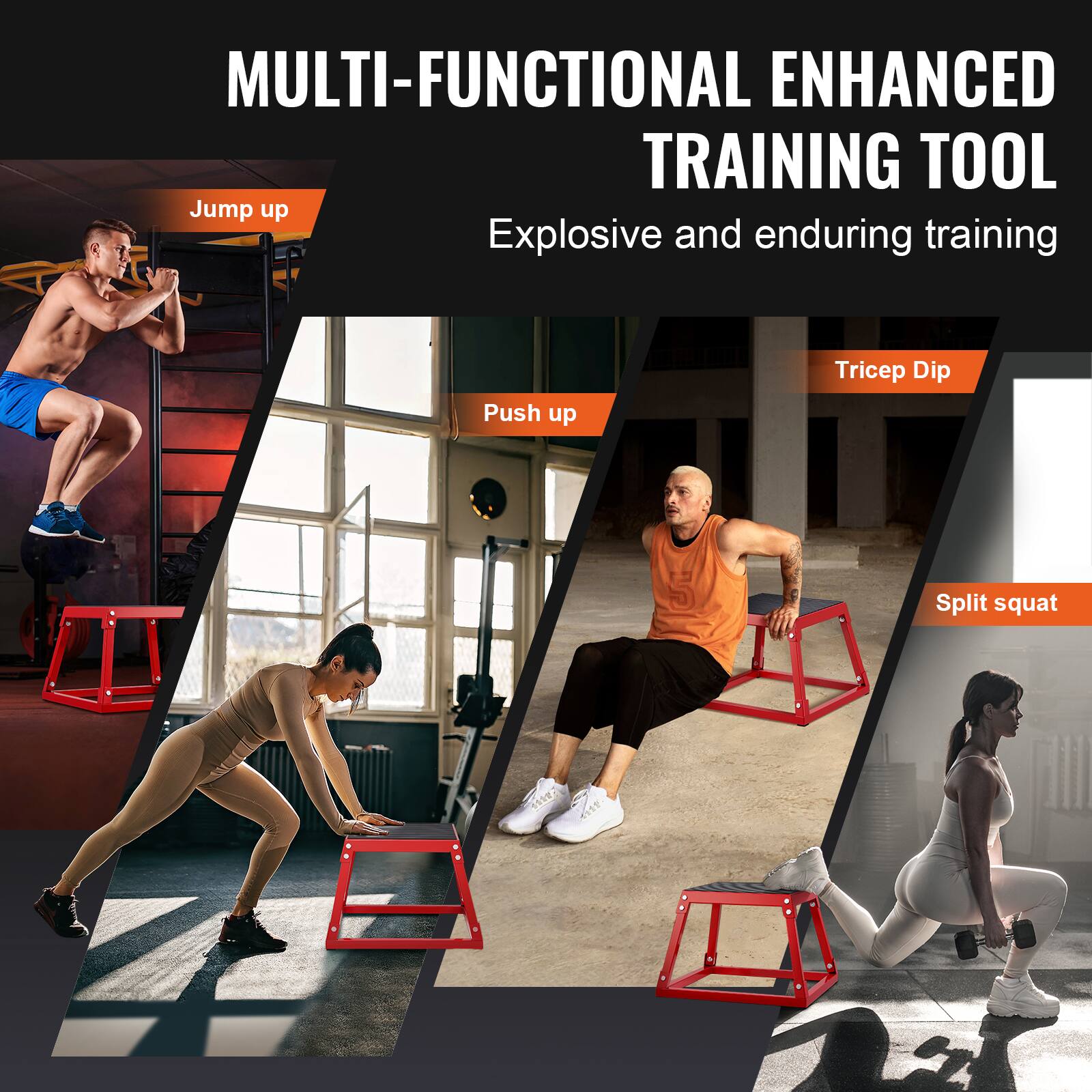 The text on the image can be grouped and corrected as follows:

**MULTI-FUNCTIONAL ENHANCED TRAINING TOOL**

- **Jump up**
- **Push up**
- **Tricep Dip**
- **Split squat**

**Explosive and enduring training**