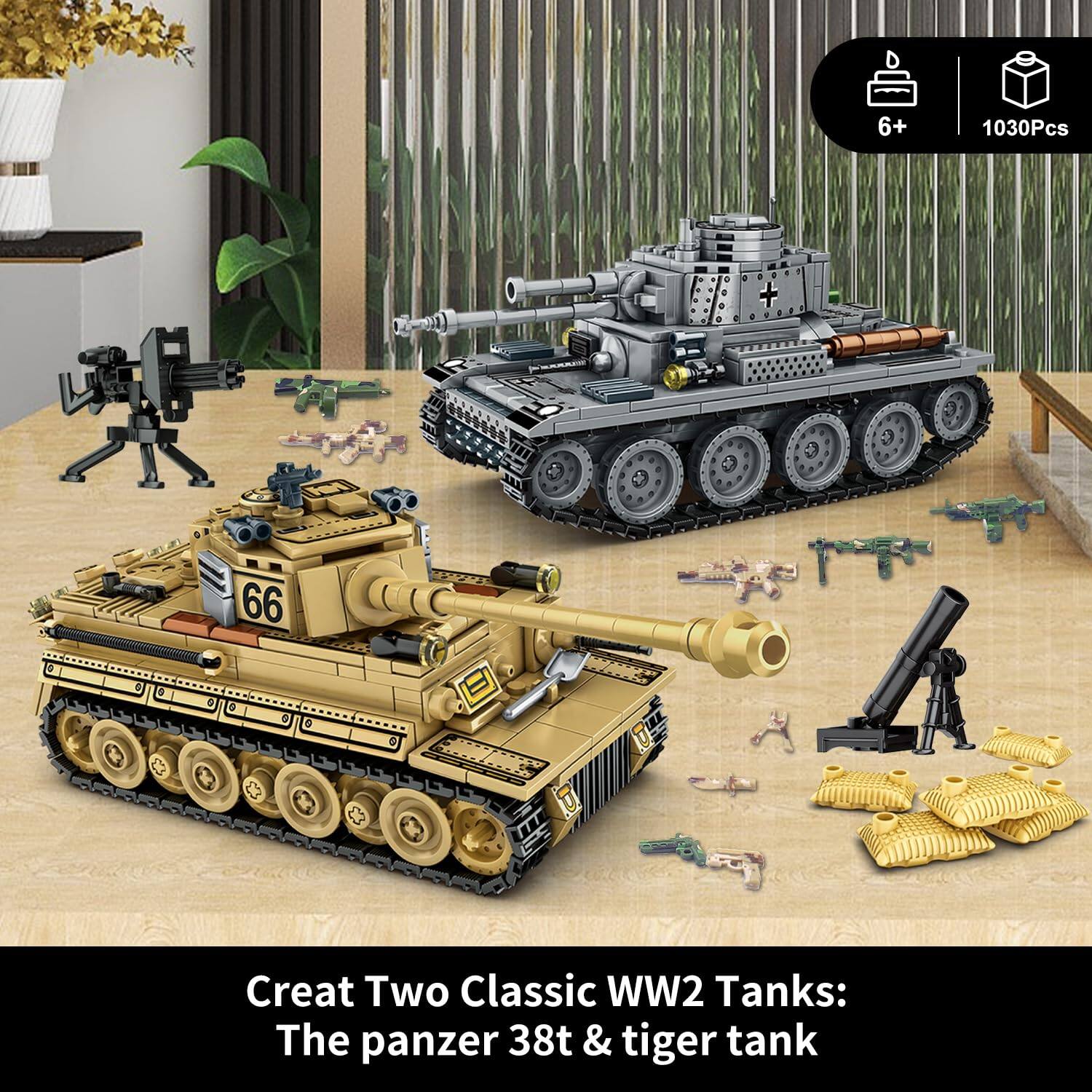 6+ 1030Pcs  
66 Creat Two Classic WW2 Tanks: The panzer 38t & tiger tank