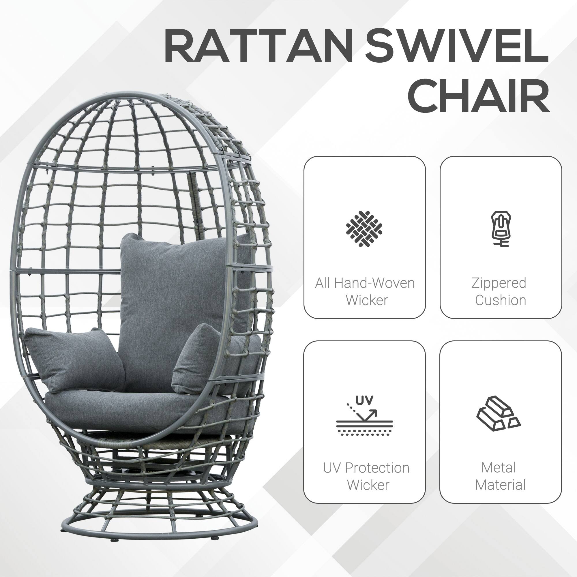 RATTAN SWIVEL CHAIR

- All Hand-Woven Wicker
- Zippered Cushion
- UV Protection Wicker
- Metal Material