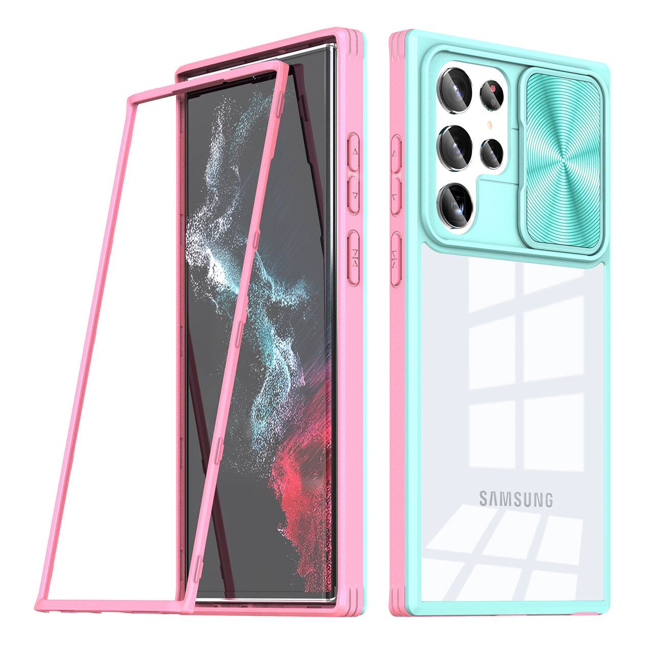 Front. Reiko - Full Protection With Mobile Phone Protective Film Slide Camera Lens Phone Case For Samsung Galaxy S22 Ultra In Blue - Blue.