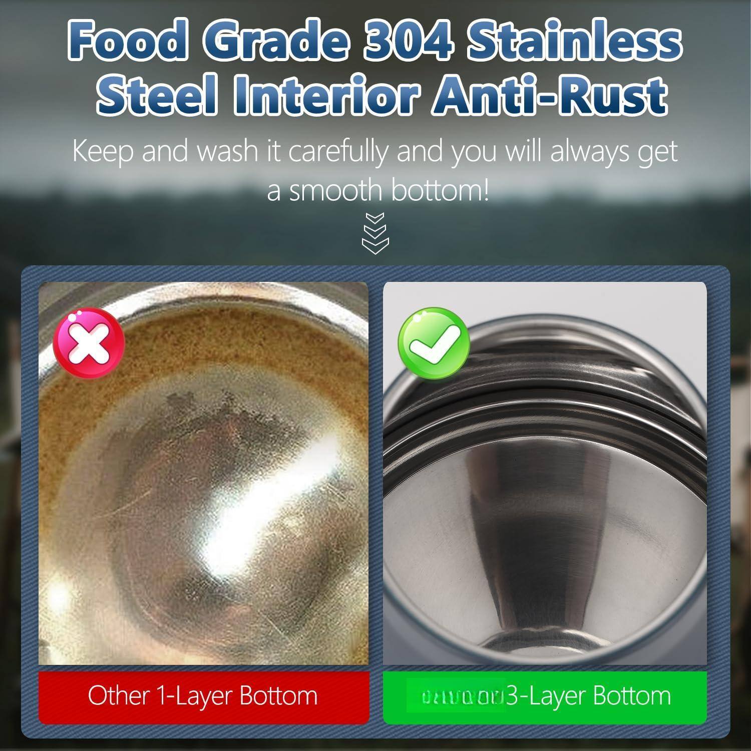 Food Grade 304 Stainless Steel Interior Anti-Rust

Keep and wash it carefully and you will always get a smooth bottom!

Other 1-Layer Bottom

3-Layer Bottom