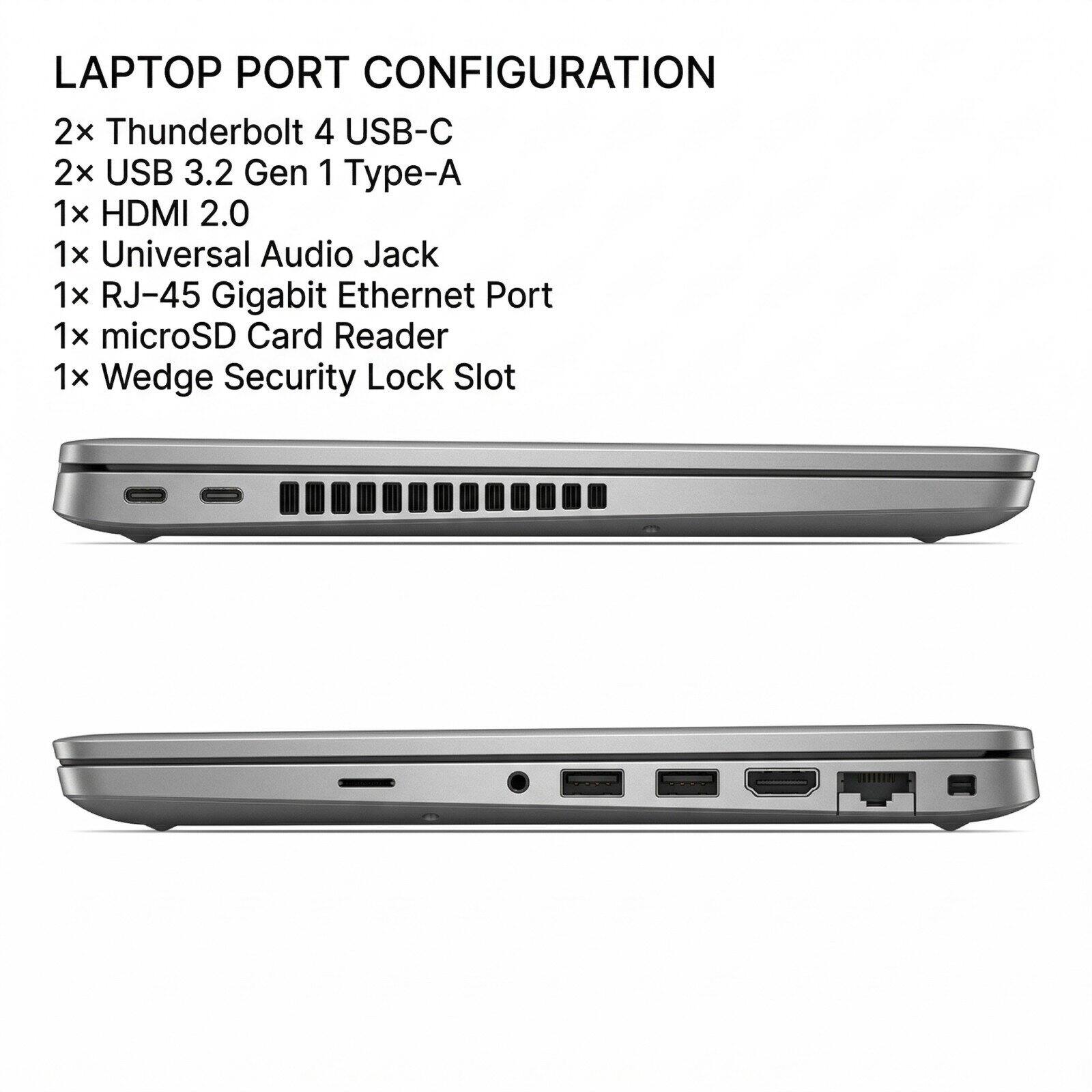 LAPTOP PORT CONFIGURATION

2x Thunderbolt 4 USB-C  
2x USB 3.2 Gen 1 Type-A  
1x HDMI 2.0  
1x Universal Audio Jack  
1x RJ-45 Gigabit Ethernet Port  
1x microSD Card Reader  
1x Wedge Security Lock Slot