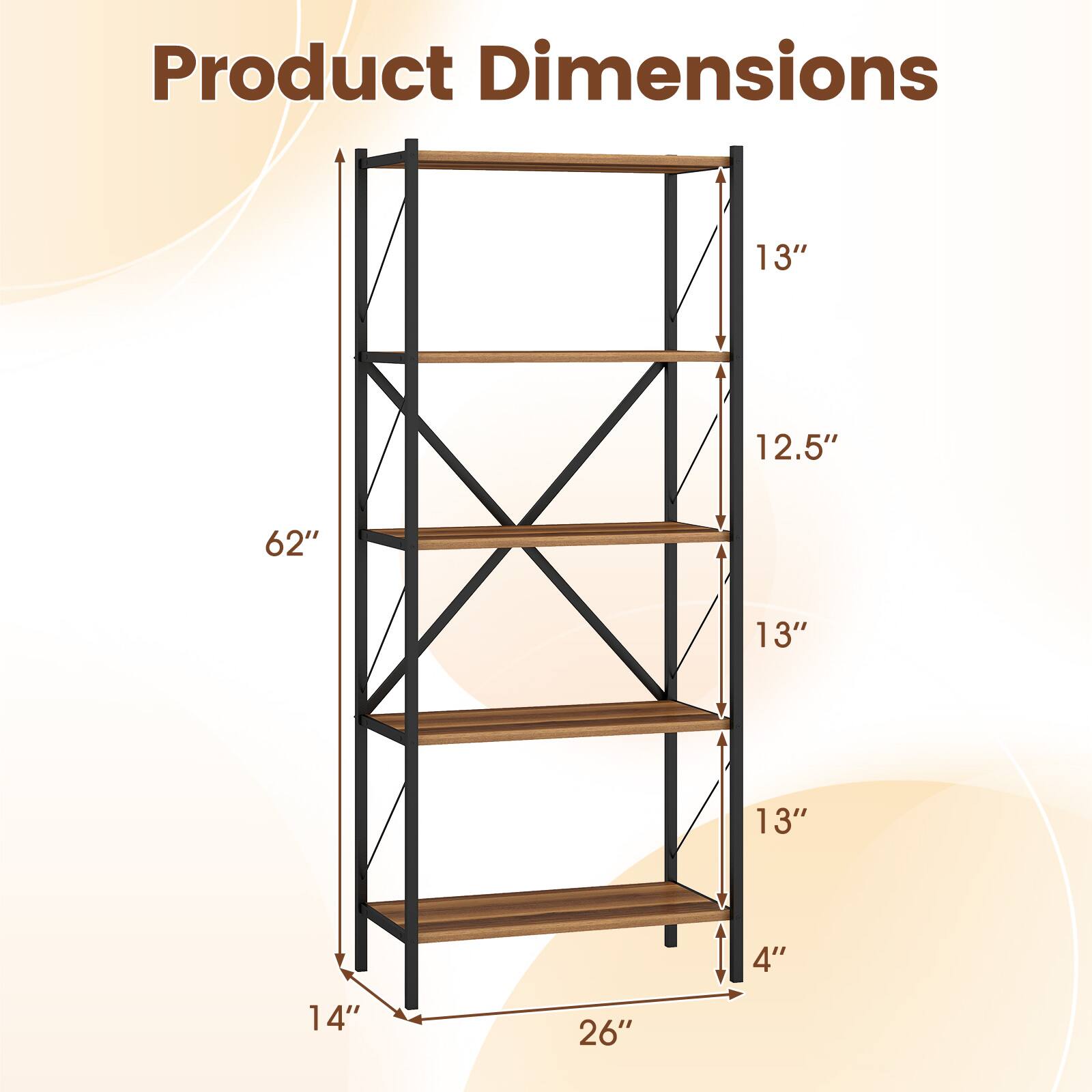 Product Dimensions: 13" x 12.5" x 62" x 13" x 13" x 4" x 14" x 26"