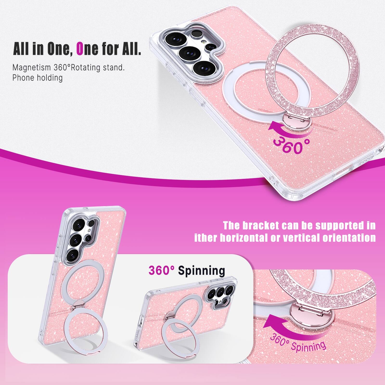 All in One, One for All.  
Magnetism 360° Rotating stand.  
Phone holding  

The bracket can be supported in either horizontal or vertical orientation  

360° Spinning  
360° Spinning
