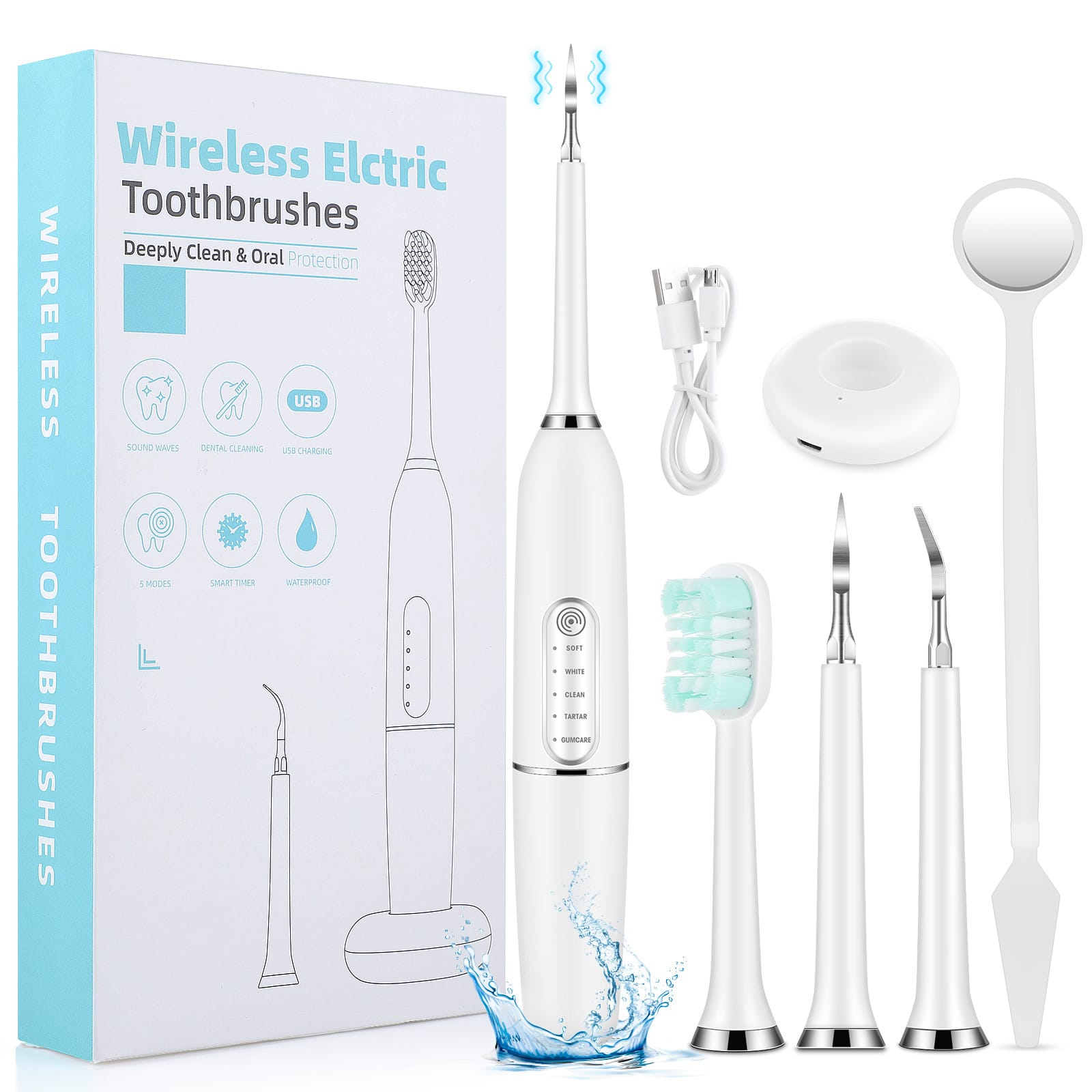 Cluzine - 8‑in‑1 Teeth Whitening Kit 4 Modes Electric Toothbrush Dental Scaler Wireless Charging - White