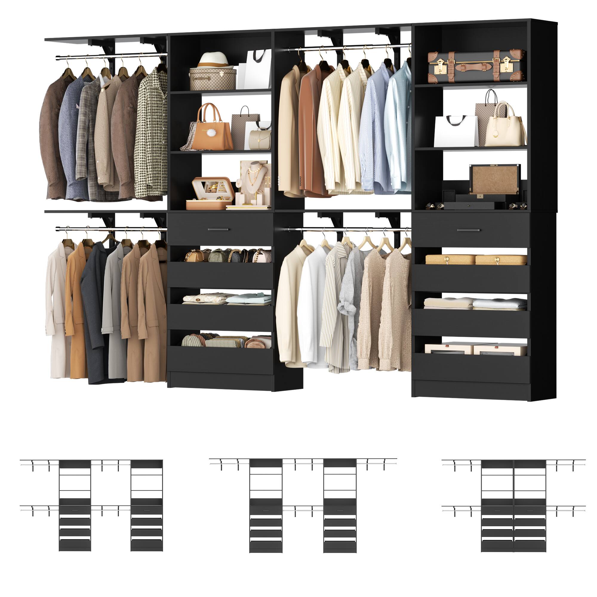 Angle. Aheaplus - 7-12FT Custom Wood Closet Organizer with 8 Drawers & 4 Adjustable Hanging Rods, Holds 1000+ Lbs - Black.