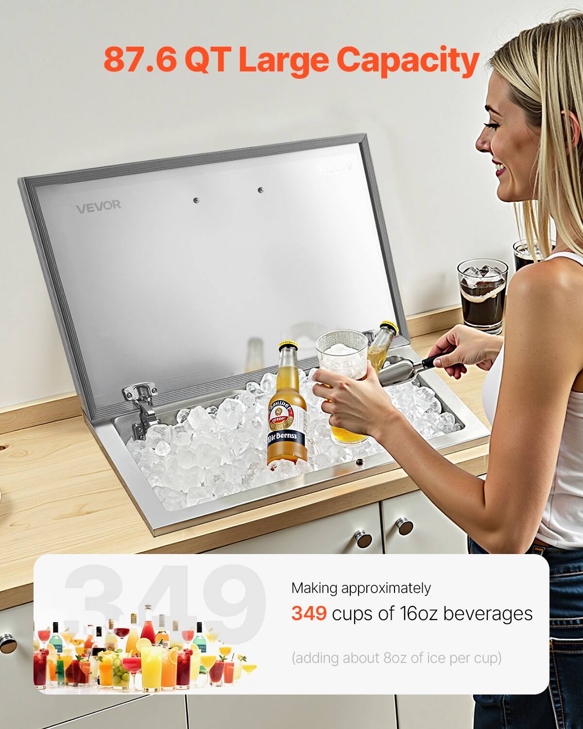 87.6 QT Large Capacity

Making approximately 349 cups of 16oz beverages (adding about 8oz of ice per cup)