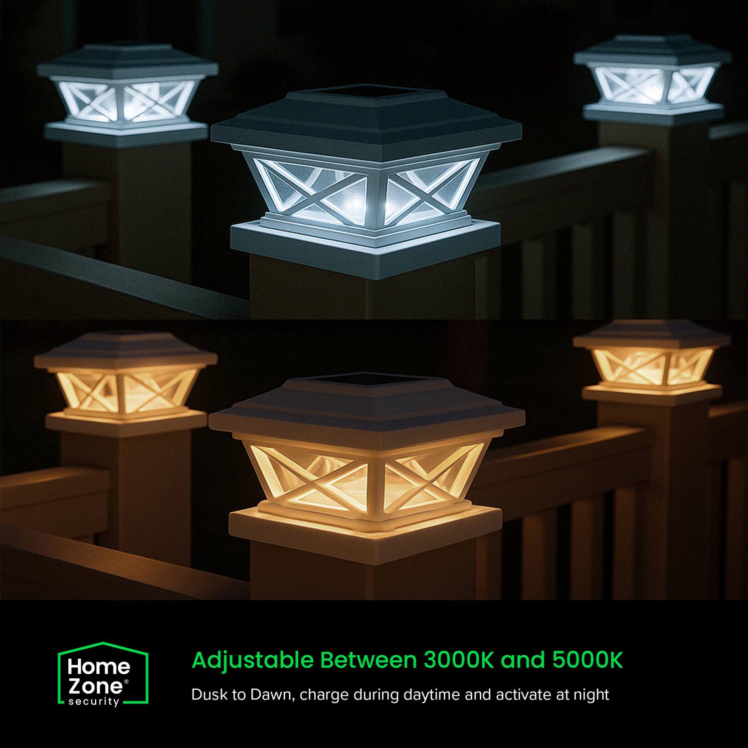 Home Zone security

Adjustable Between 3000K and 5000K

Dusk to Dawn, charge during daytime and activate at night