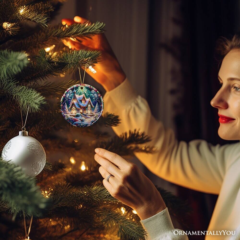 Alt View 1. OrnamentallyYou - Whimsical Cottage Stained Glass Style Ceramic Ornament Christmas Gift and Decor - Multi-colored.