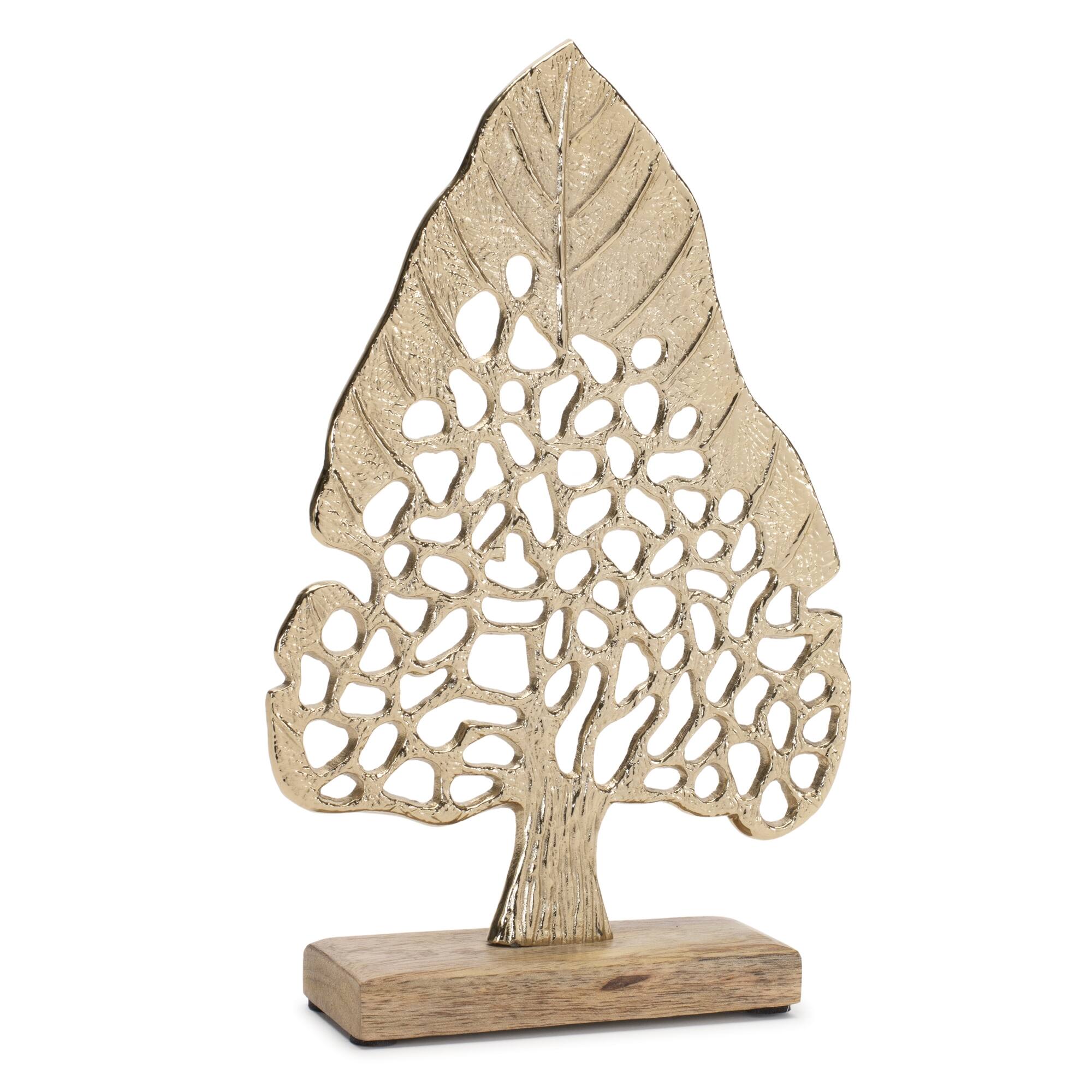 Angle. BreeBe - Modern Metal Leaf Tree on Wood Base (Set of 2) - Gold.