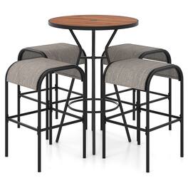 Gymax - 5 PCS Patio Bistro Set Round Table w/ 1.6'' Umbrella Hole & 4 Stools Metal Frame - Natural, Black