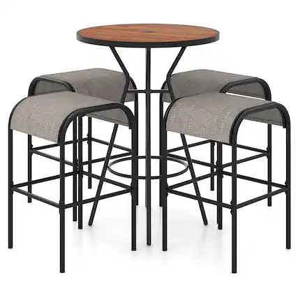 Front. Gymax - Gymax 5 PCS Patio Bistro Set Round Table w/ 1.6'' Umbrella Hole & 4 Stools Metal Frame - Natural, Black.