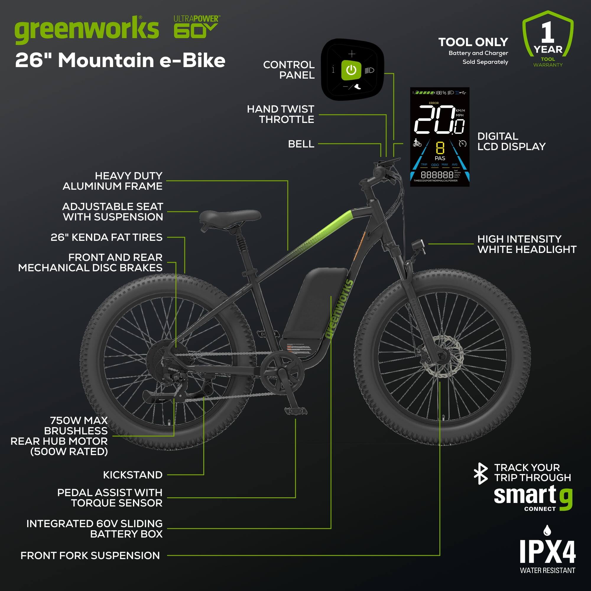 Alt View 5. Greenworks - Greenworks 60V Electric Mountain Bike for Adults & Teens, 26" Fat Tires, 7-Speed, Green (No Battery) - Green.