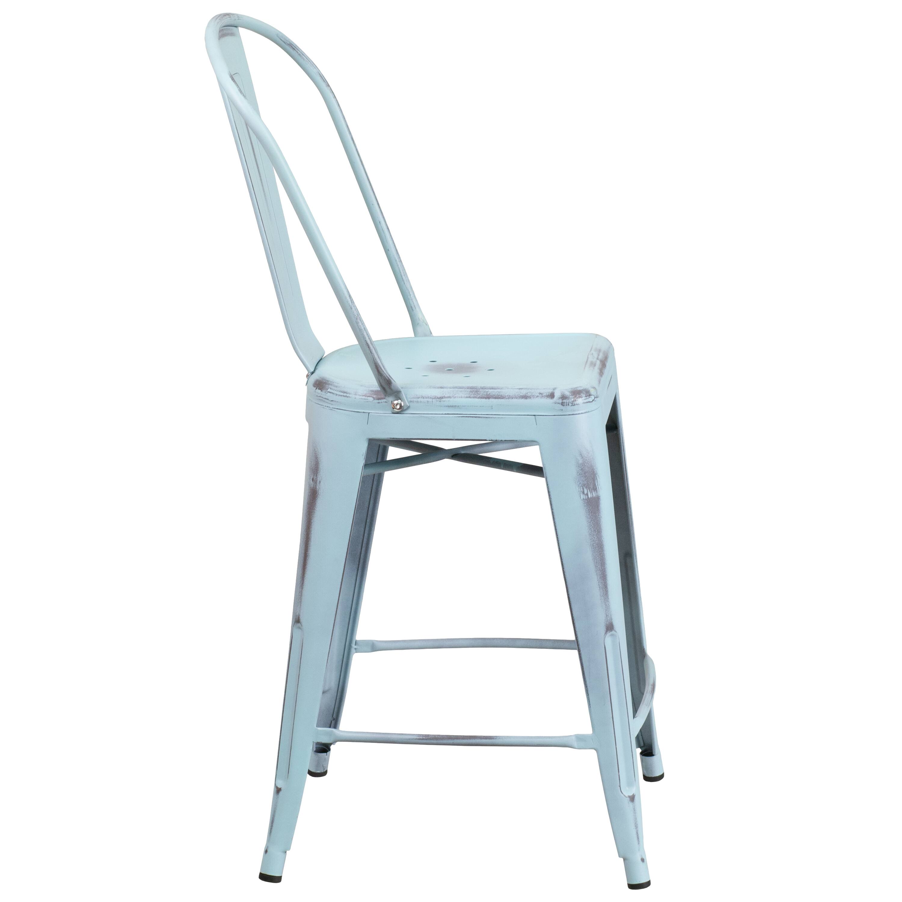 Alt View 7. Emma + Oliver - Commercial Grade 4 Pack 24" High Distressed Metal Indoor-Outdoor Counter Height Stool with Back - Green-Blue.