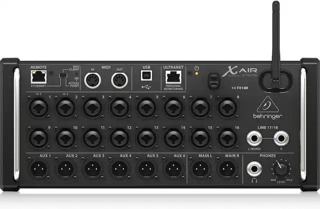 REMOTE + ETHERNET WIFI CLIENT ACCESS POINT IN MIDI OUT USB ULTRANET PERSONAL MONITORING XAIR AIR POWERED BY MDAs XR18 HI-Z 1 HI-Z 2 3 4 5 6 7 8 behringer 9 10 11 12 13 14 15 16 LINE 17/18 L/MONO R AUX 1 AUX 2 AUX 3 AUX 4 AUX 5 AUX 6 MAIN L MAIN R PHONES MIN MAX LEVEL