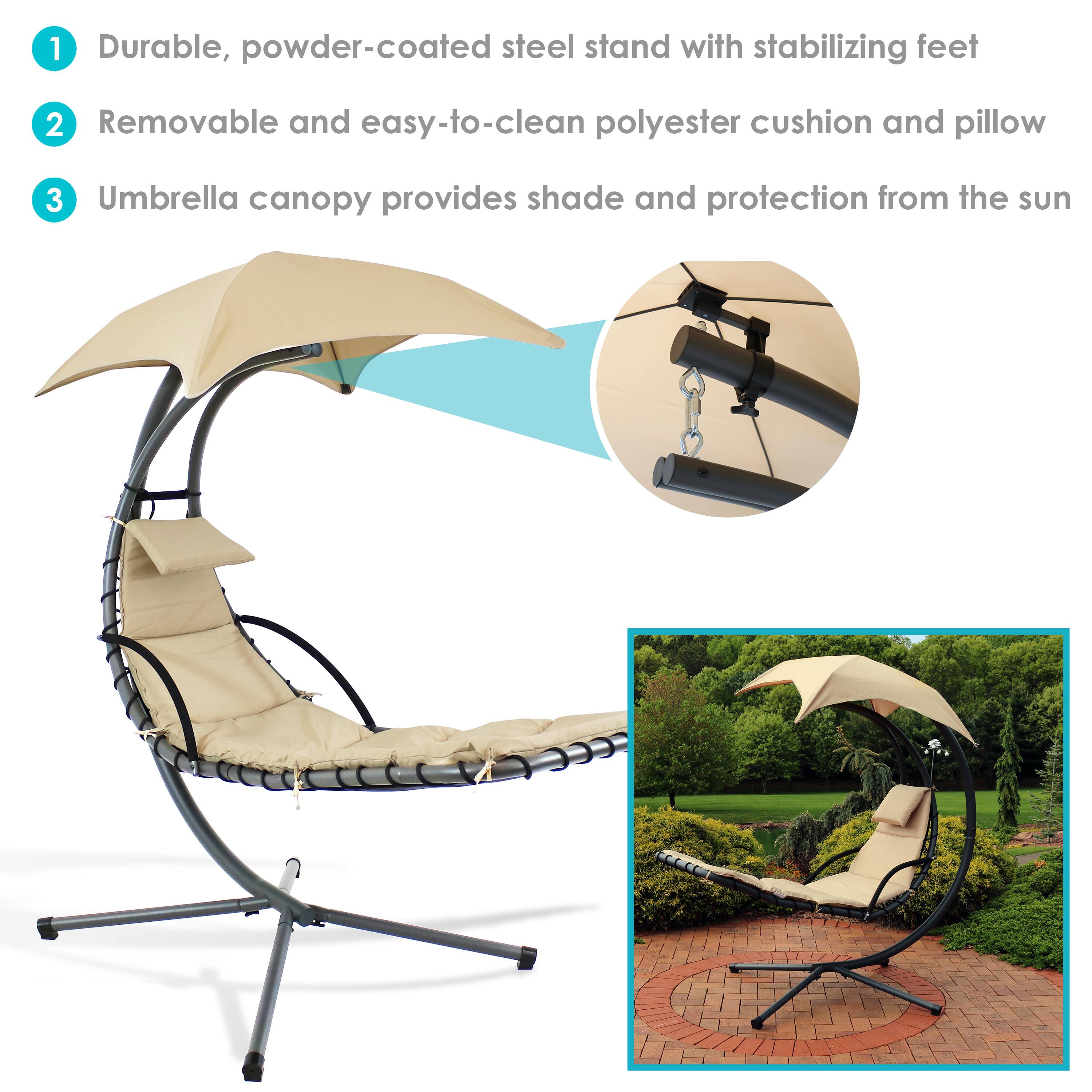 1. Durable, powder-coated steel stand with stabilizing feet  
2. Removable and easy-to-clean polyester cushion and pillow  
3. Umbrella canopy provides shade and protection from the sun