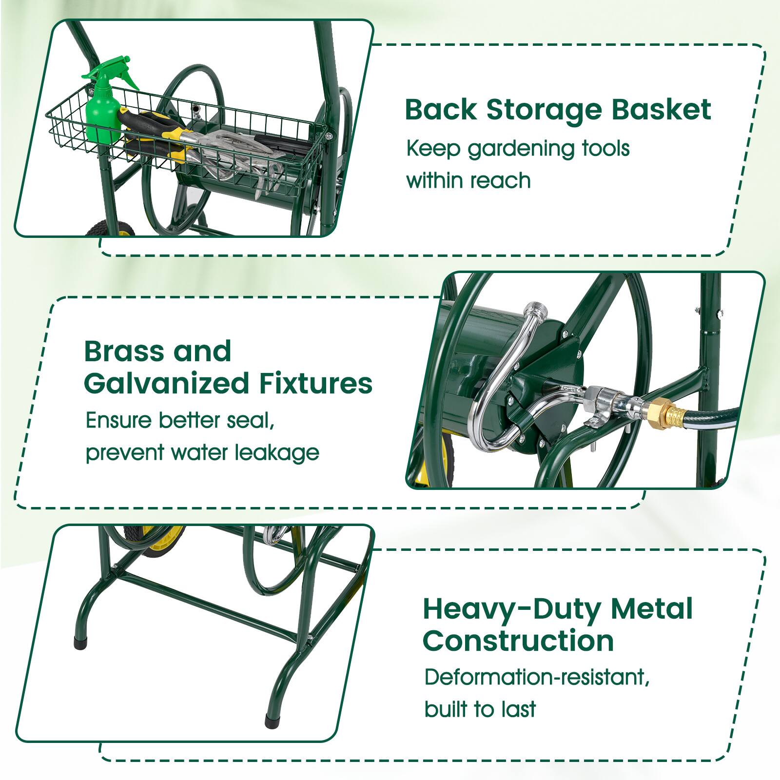 - Back Storage Basket: Keep gardening tools within reach
- Brass and Galvanized Fixtures: Ensure better seal, prevent water leakage
- Heavy-Duty Metal Construction: Deformation-resistant, built to last