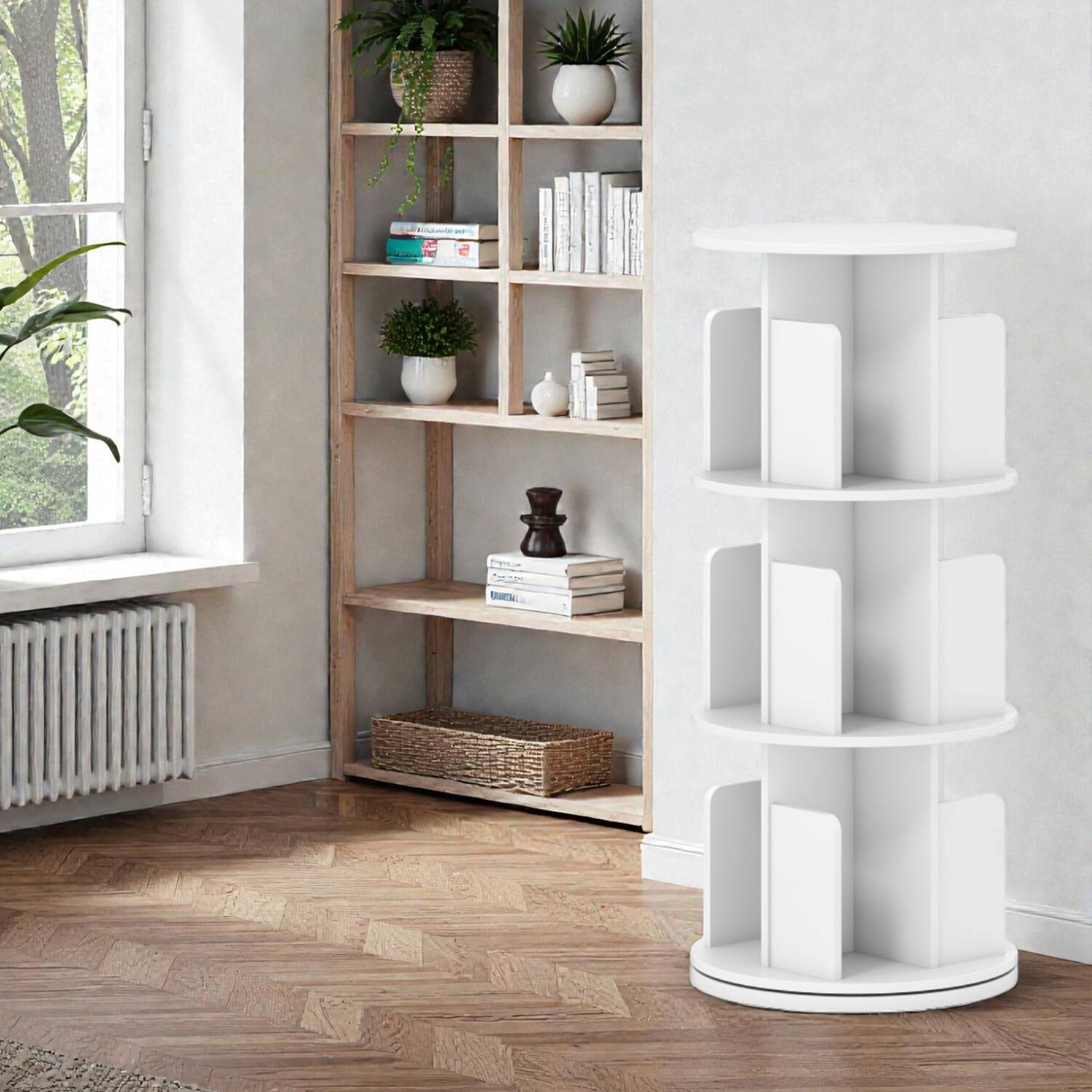 Front. Hivvago - Modern 3-Level Swivel Book Rack with Dividers and Protective Edges - White.
