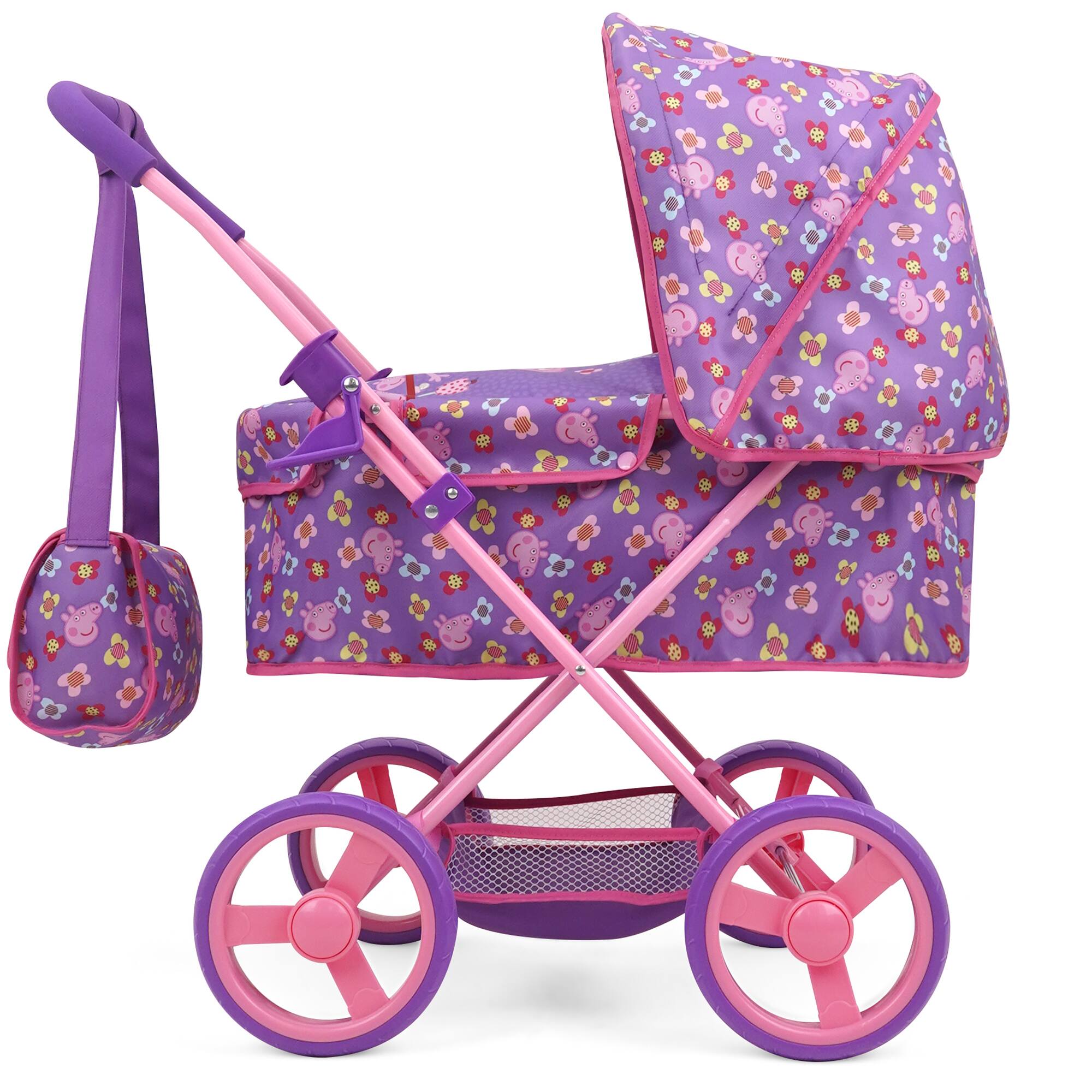Left. 509 Crew - Peppa Pig: Doll Deluxe Pram & Bag - Purple, Pink, Flowers.
