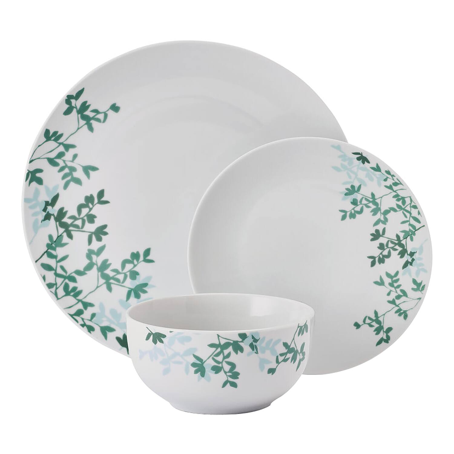 Left. Studio Nova - 12-Piece Porcelain Dinnerware Set Moonlit Leaves Pattern - Gray with Designs.