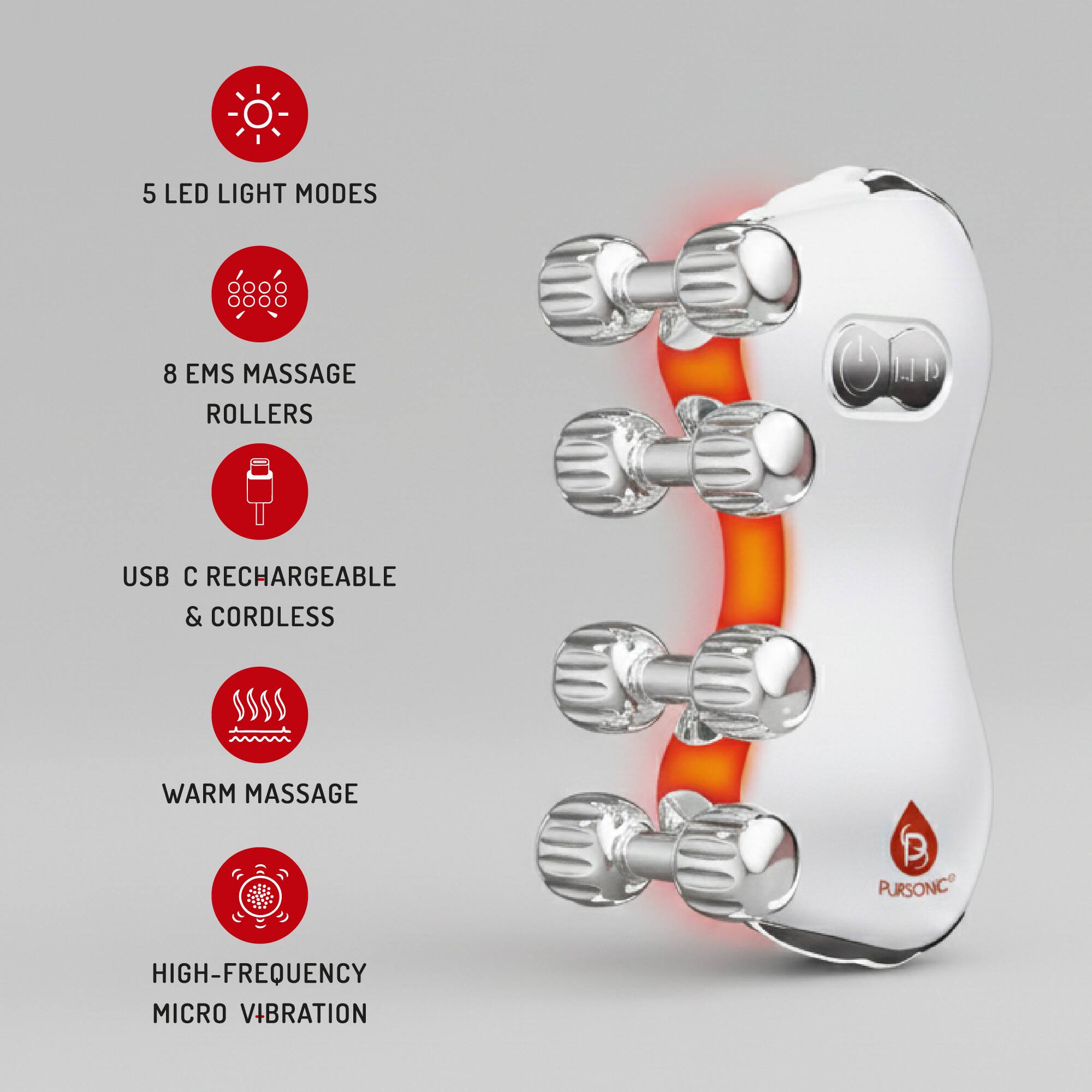 5 LED Light Modes  
8 EMS Massage Rollers  
USB C Rechargeable & Cordless  
Warm Massage  
High-Frequency Micro Vibration
