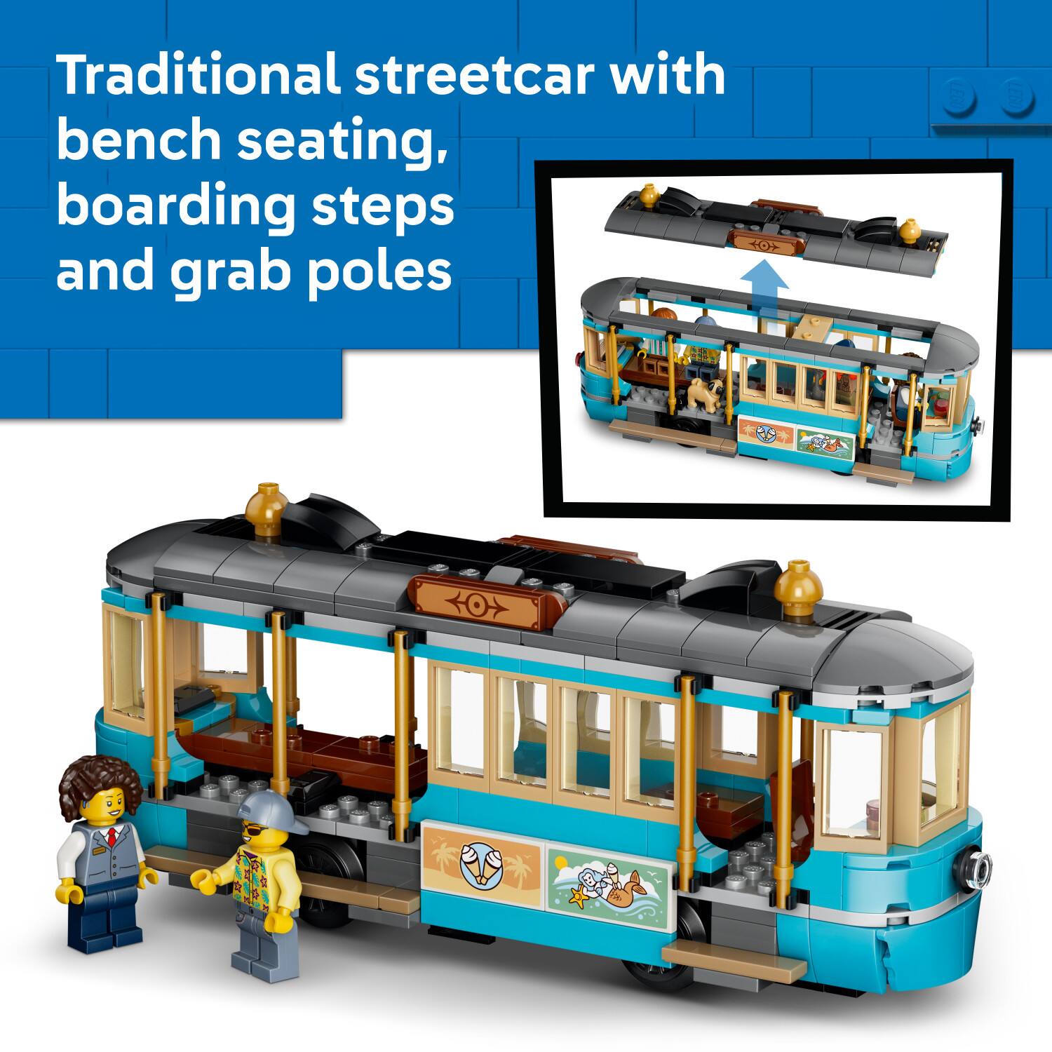 Traditional streetcar with bench seating, boarding steps and grab poles