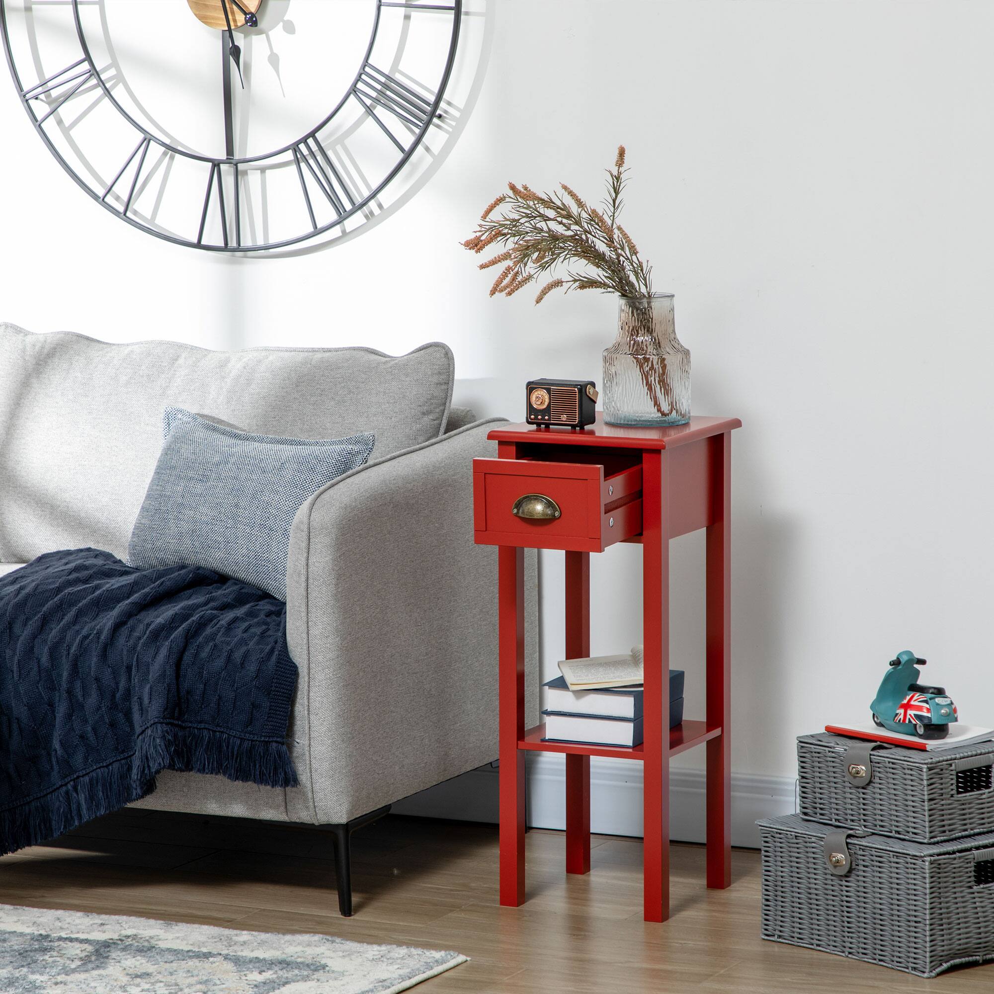 Alt View 5. Homcom - 2-Tier Side Table w/ Drawer & Bottom Shelf, Narrow End Table for Living Room - Red.
