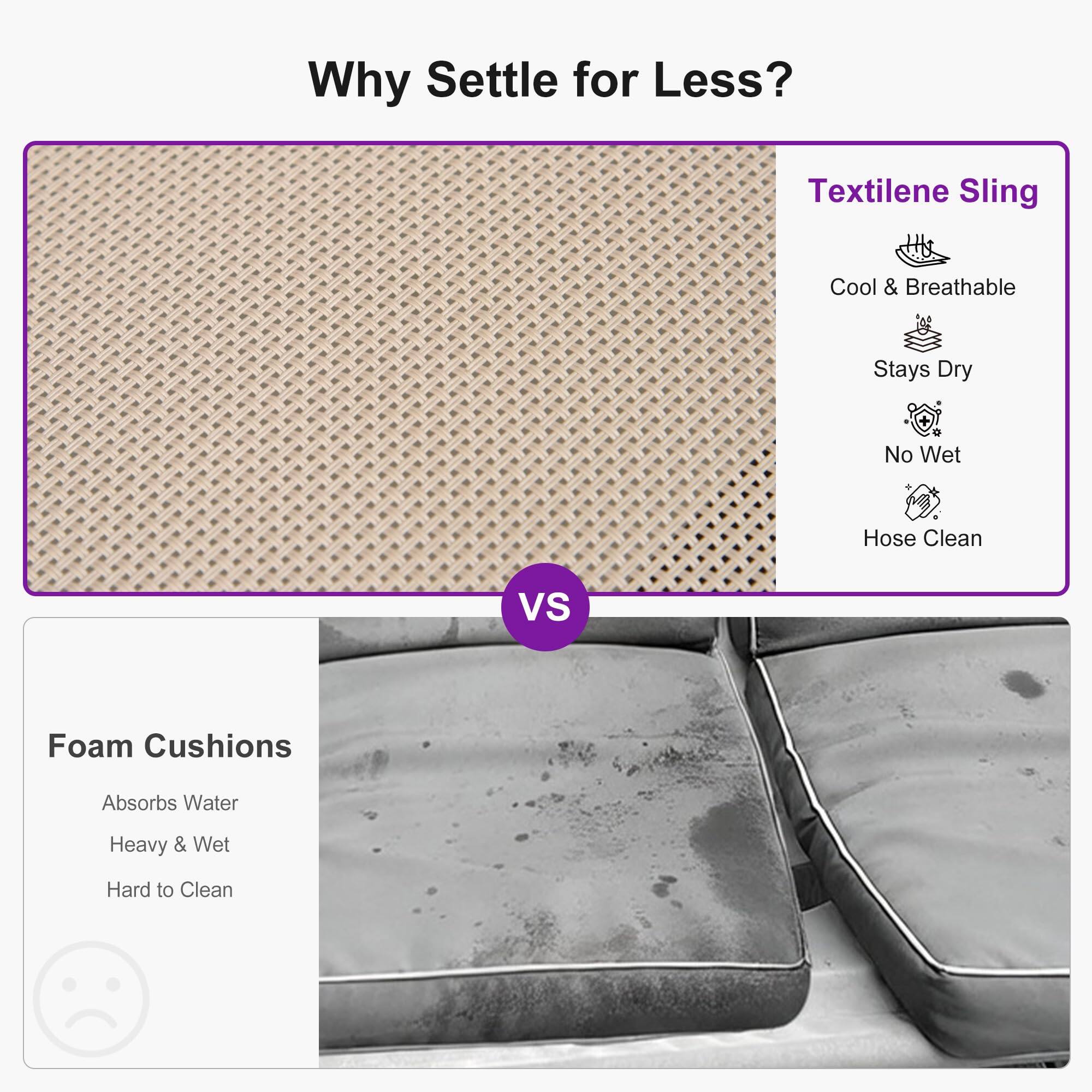 Why Settle for Less?

Textilene Sling
- Cool & Breathable
- Stays Dry
- No Wet
- Hose Clean

VS

Foam Cushions
- Absorbs Water
- Heavy & Wet
- Hard to Clean