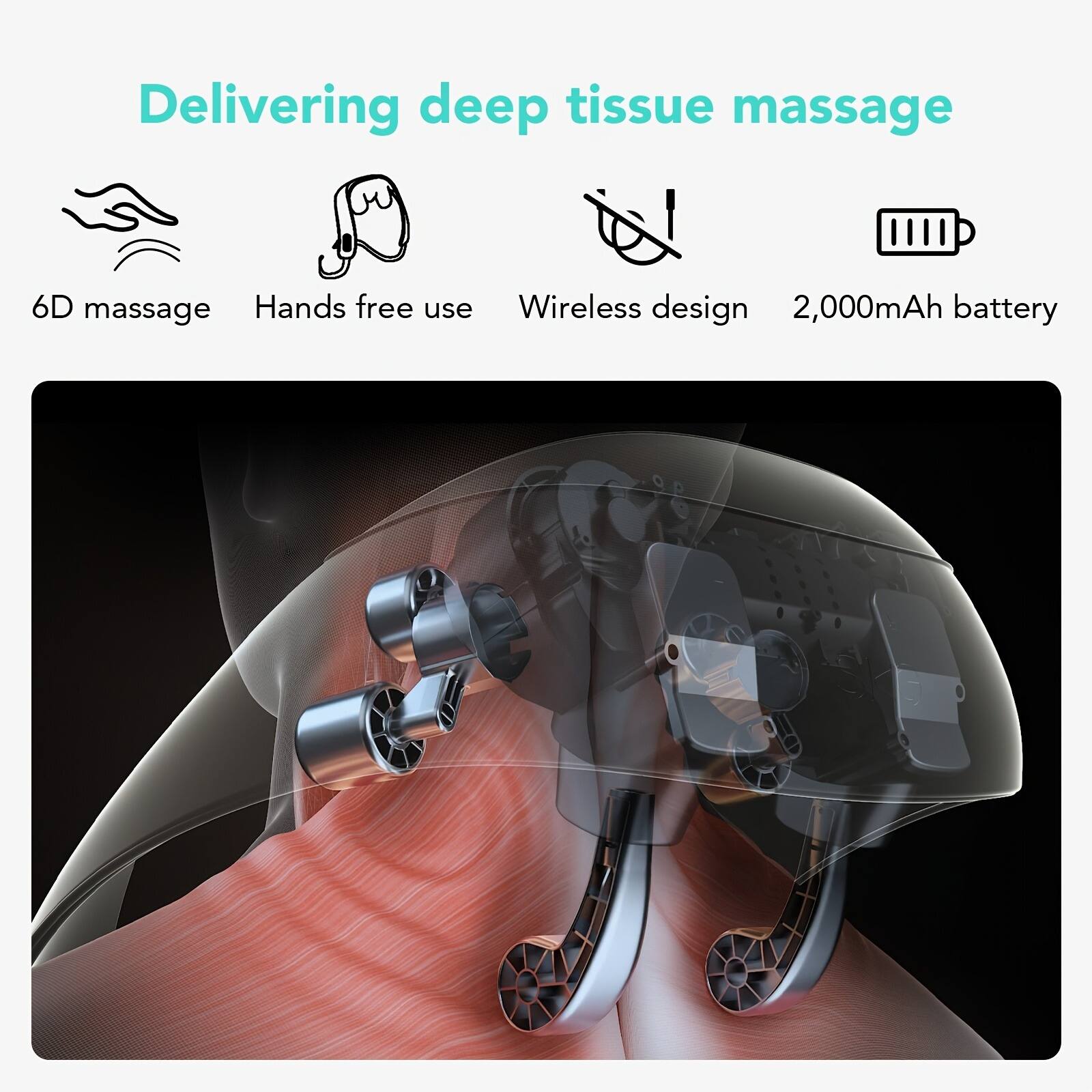 Delivering deep tissue massage

- 6D massage
- Hands free use
- Wireless design
- 2,000mAh battery