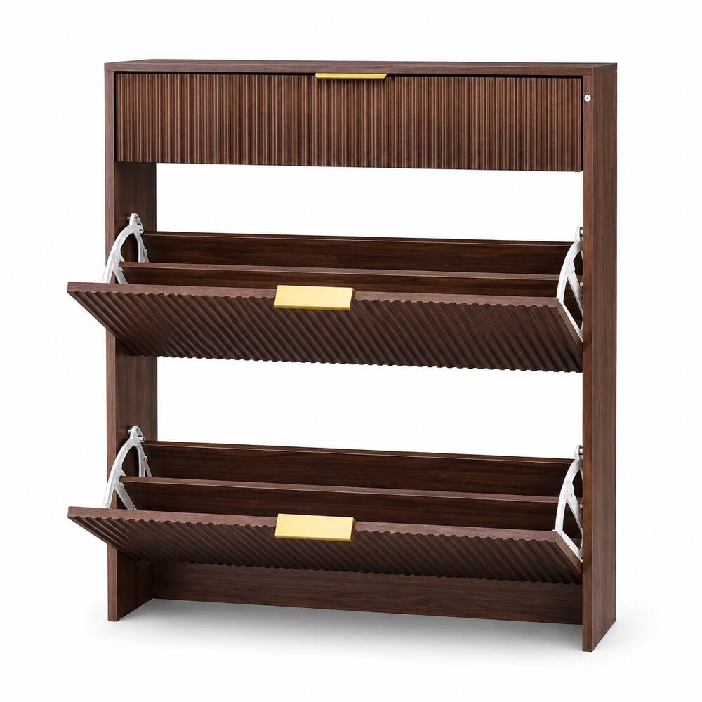 Angle. Loheer - Loheer narrow fluted shoe storage cabinet, walnut shoe cabinet with gold handles, freestanding slim shoe rack. - Walnut.