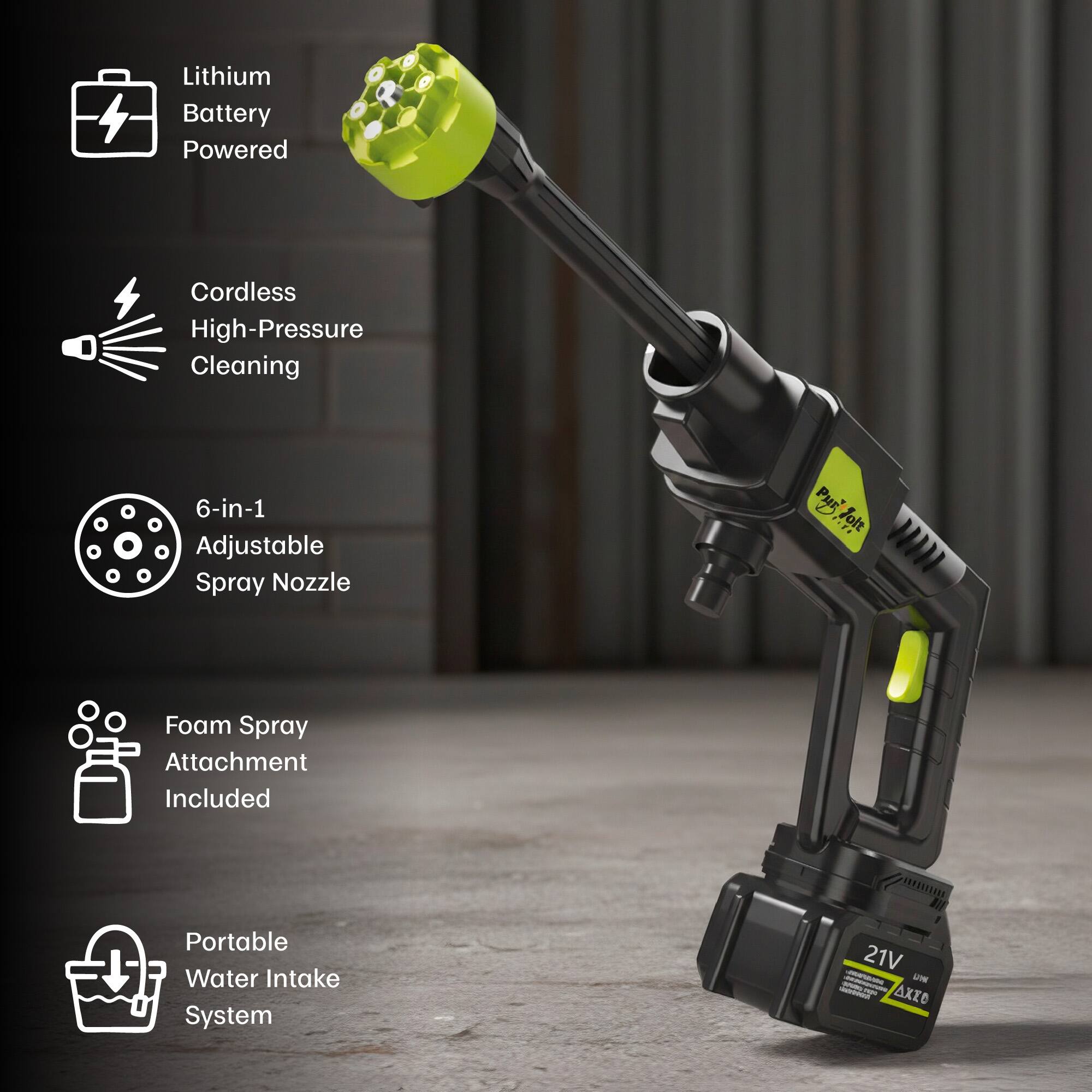 Lithium Battery Powered Cordless High-Pressure Cleaning 6-in-1 Adjustable Spray Nozzle Foam Spray Attachment Included Portable Water Intake System 21V - UW - AXEO