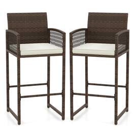 Costway - Patio Bar Stools Set of 2 PE Rattan Bar Height Chairs with Backrests & Armrests - Mix Brown + White
