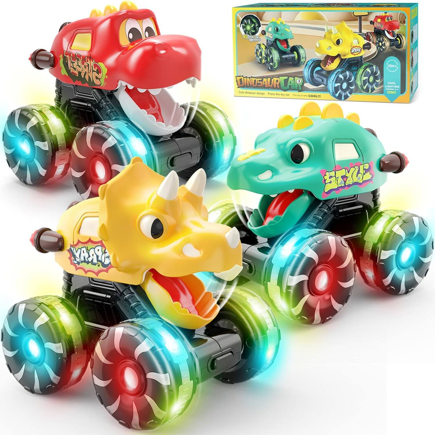 Auledio - 3 Pack Dinosaur Monster Truck Toys with Light-Up LED Wheels for Toddlers Kids Christmas Gifts