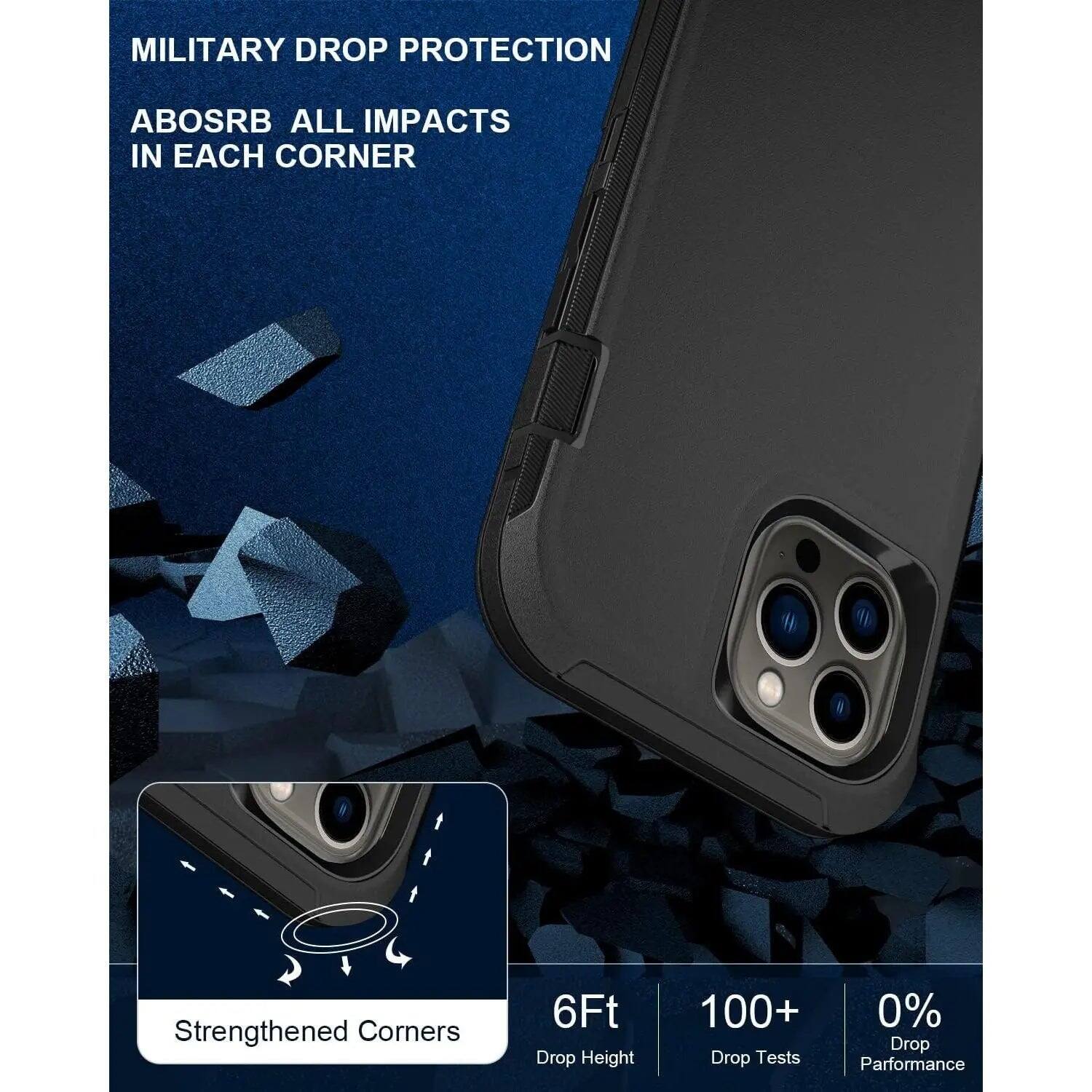 MILITARY DROP PROTECTION  
ABSORB ALL IMPACTS IN EACH CORNER  
Strengthened Corners  
6Ft Drop Height  
100+ Drop Tests  
0% Drop Performance